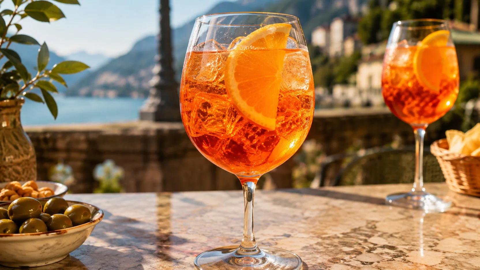 Taça grande de Aperol Spritz alaranjado com gelo e fatia de laranja sobre mesa de pedra, com uma segunda taça ao fundo diante de uma paisagem à beira de um lago.