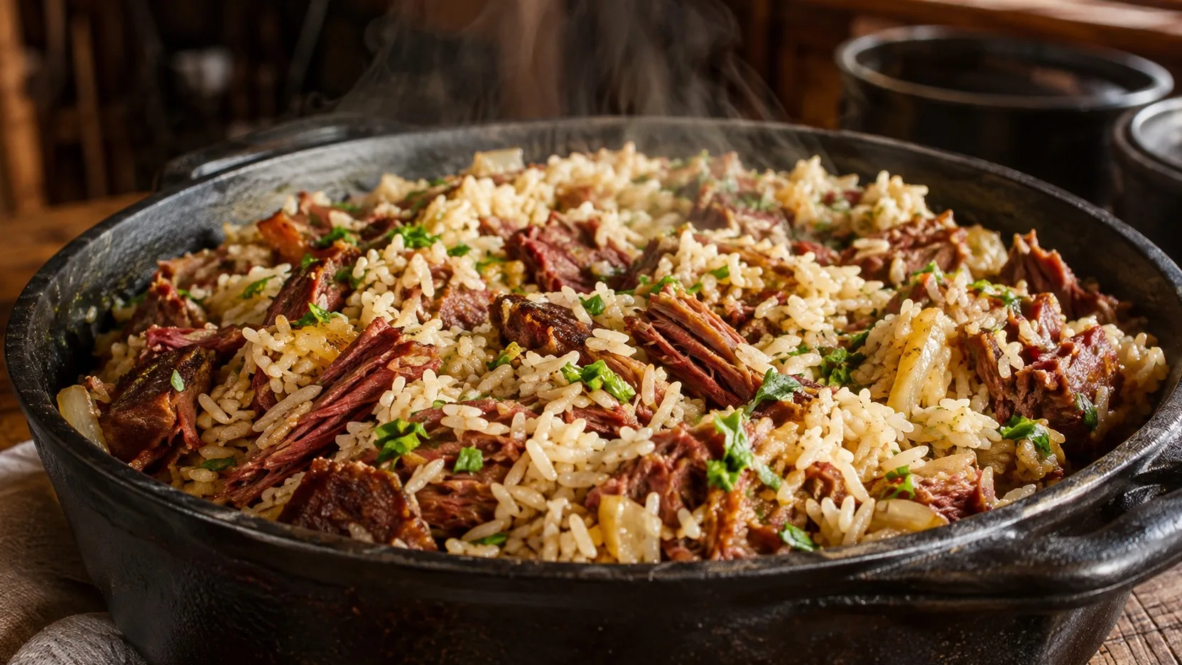 Arroz carreteiro com charque em pedaços, arroz soltinho, cebola e cheiro-verde, servido quente em panela de ferro sobre mesa de madeira.