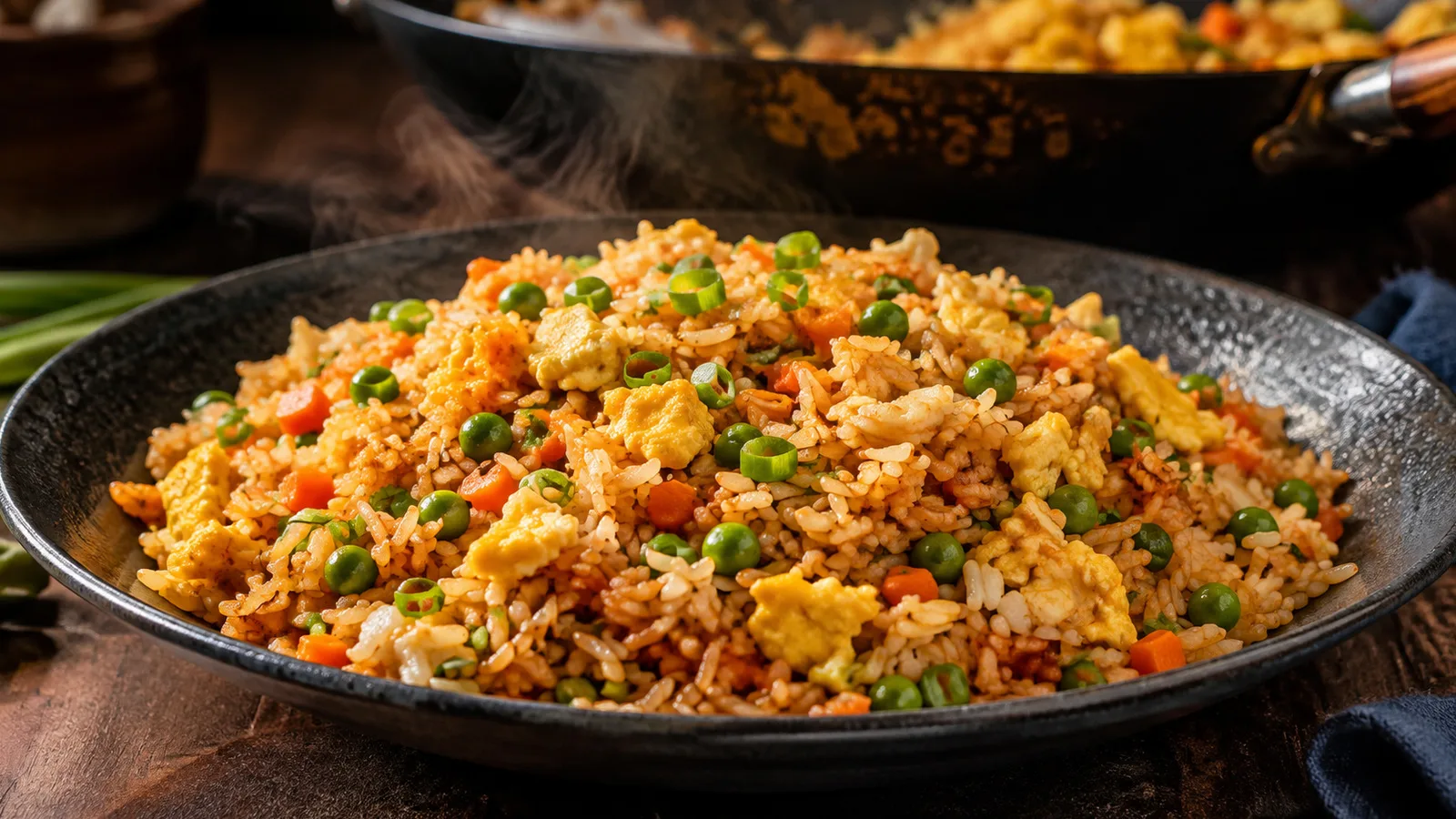 Arroz frito chinês com grãos soltos, ovo mexido, ervilhas, cenoura e cebolinha servido em prato escuro, com wok ao fundo.