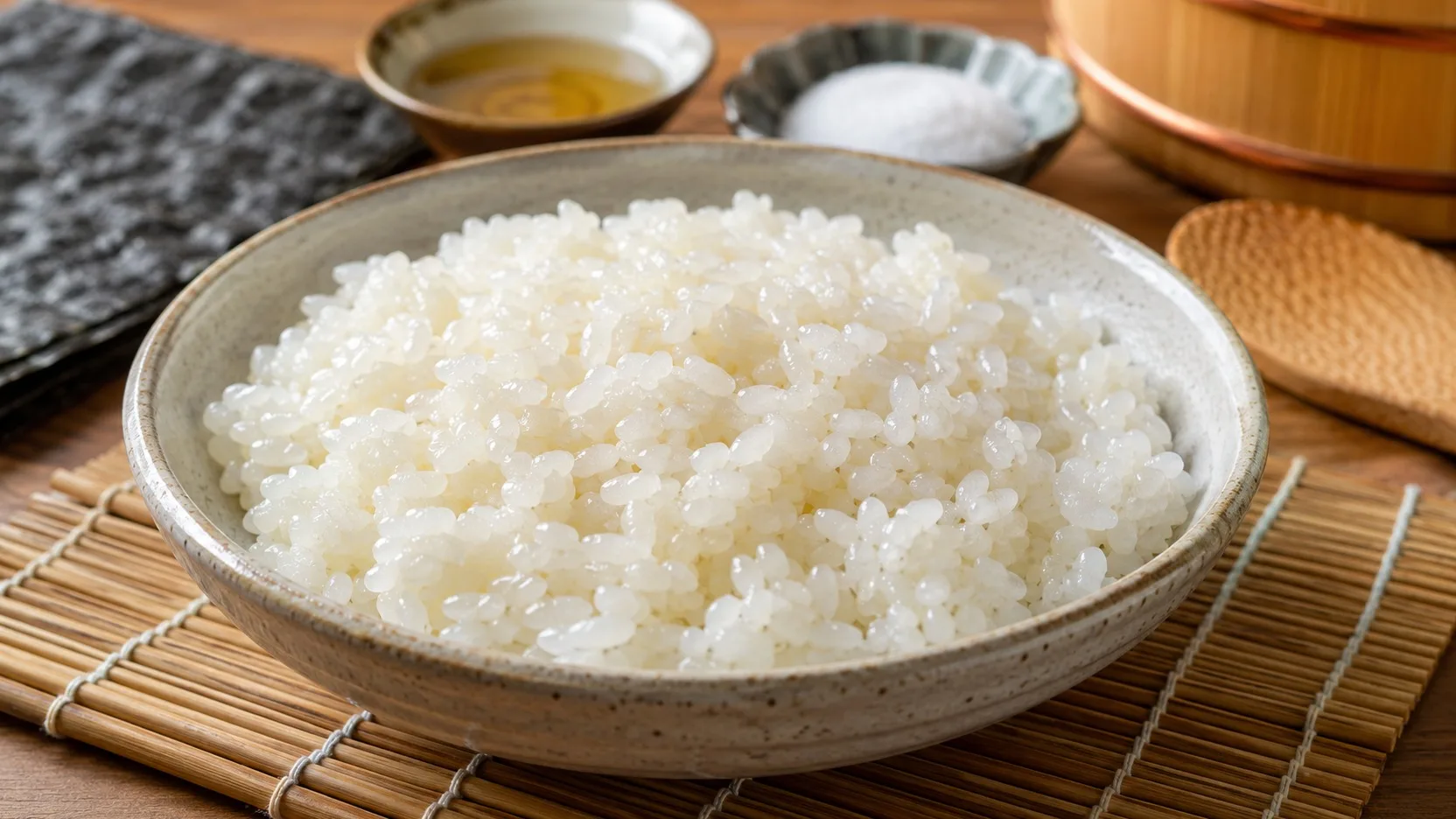 Tigela de shari branco, brilhante e com grãos definidos sobre esteira de bambu, com nori, pequenas tigelas de temperos e utensílios japoneses ao fundo.