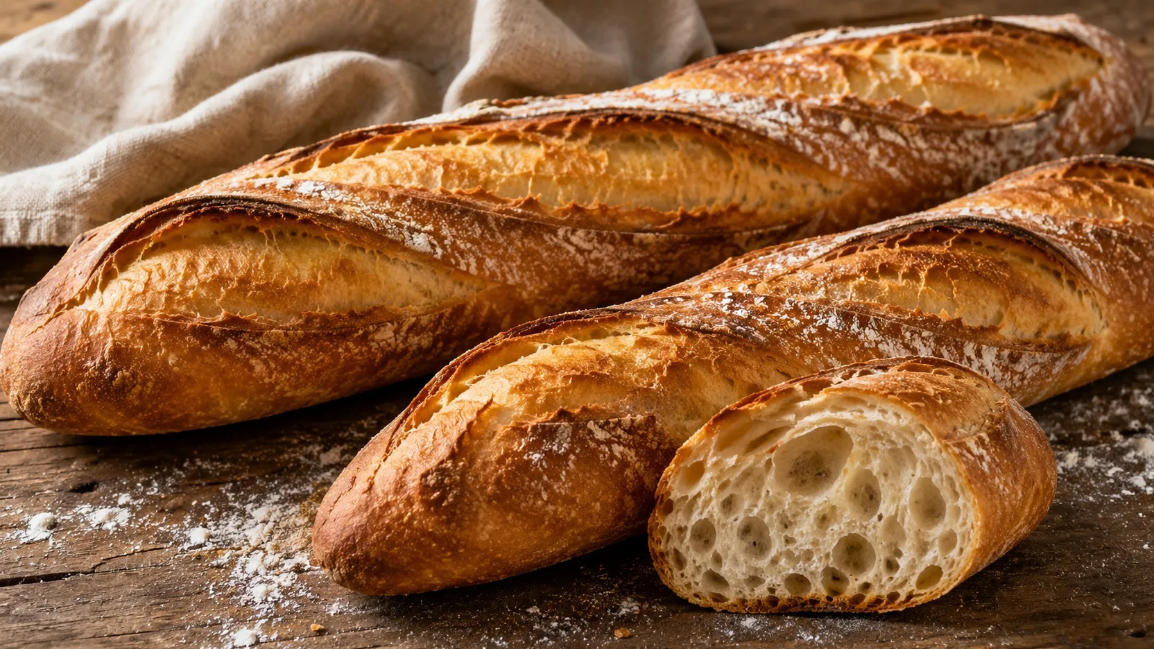 Baguetes francesas de casca bem dourada e cortes abertos sobre mesa rústica, com uma baguete cortada exibindo miolo claro e alveolado.