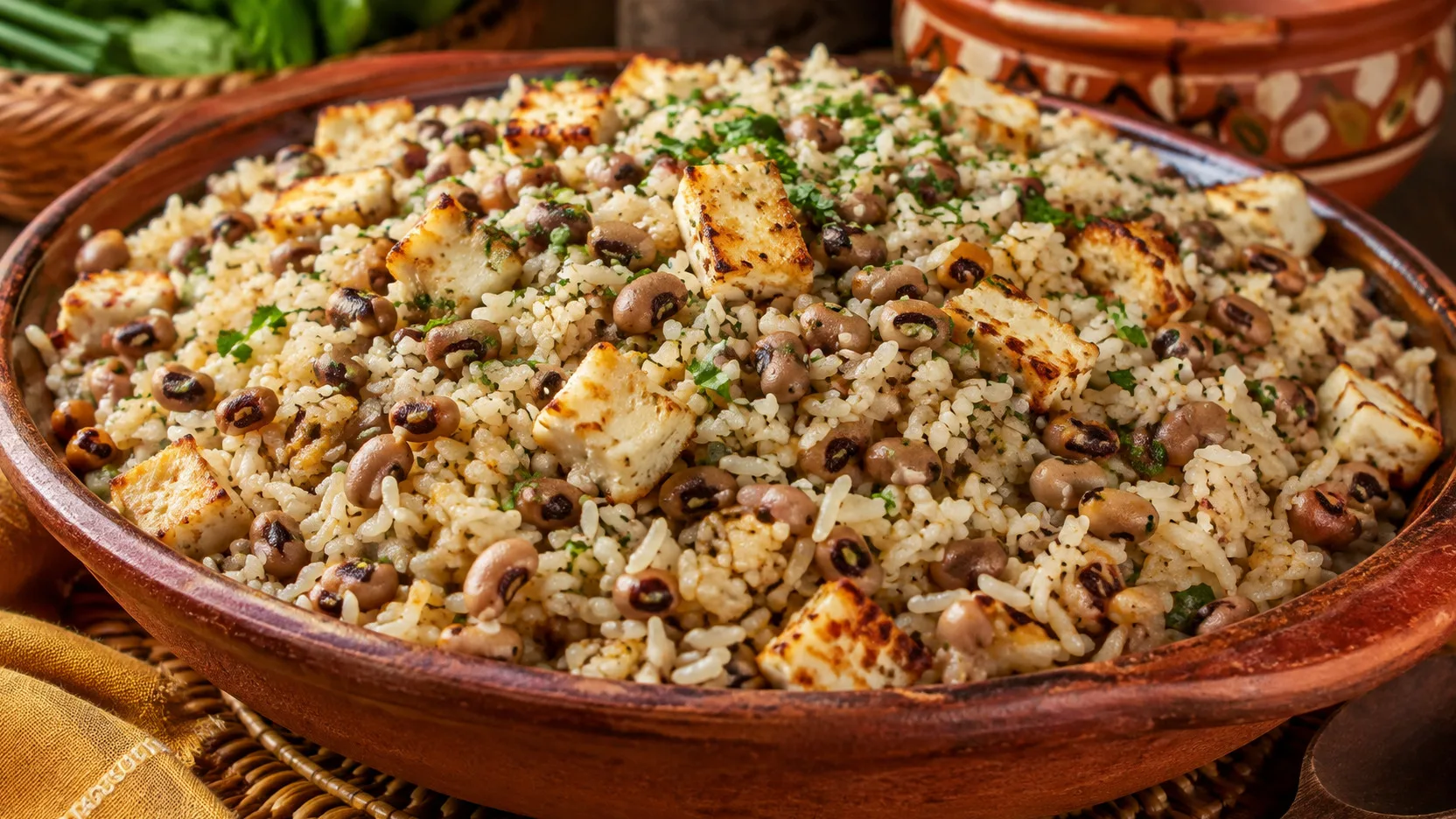Baião de dois em travessa de cerâmica, com arroz, feijão-de-corda, cubos dourados de queijo coalho e ervas picadas.