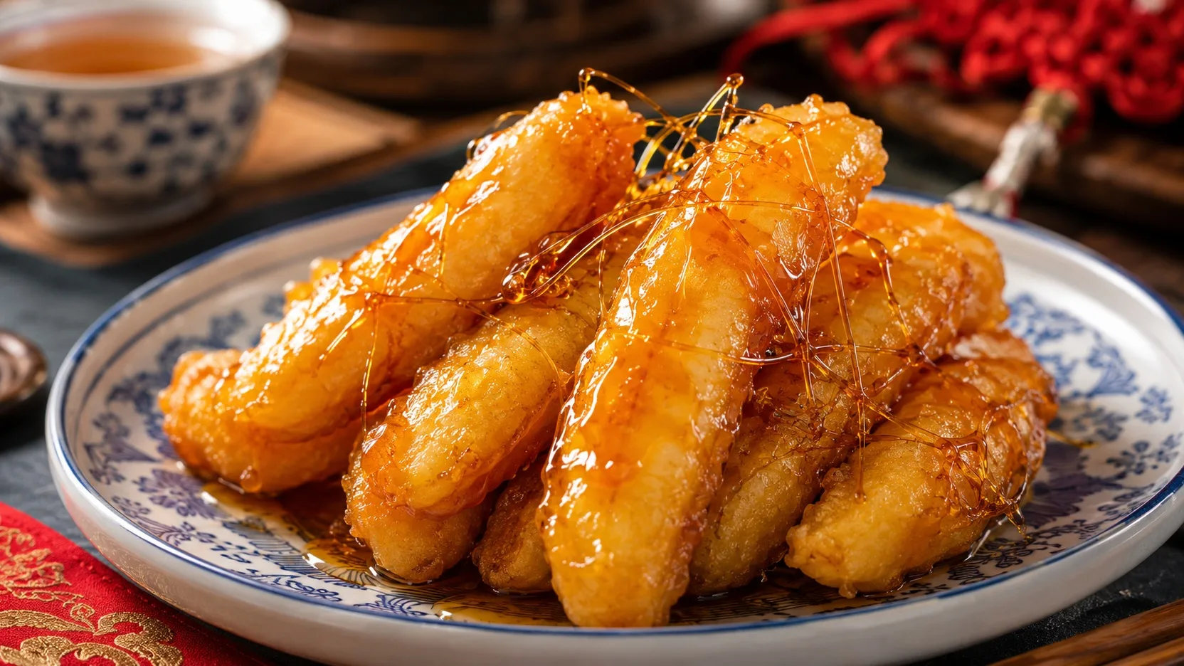 Bananas empanadas douradas cobertas por caramelo âmbar brilhante e fios finos de açúcar, servidas em prato de porcelana azul e branca.