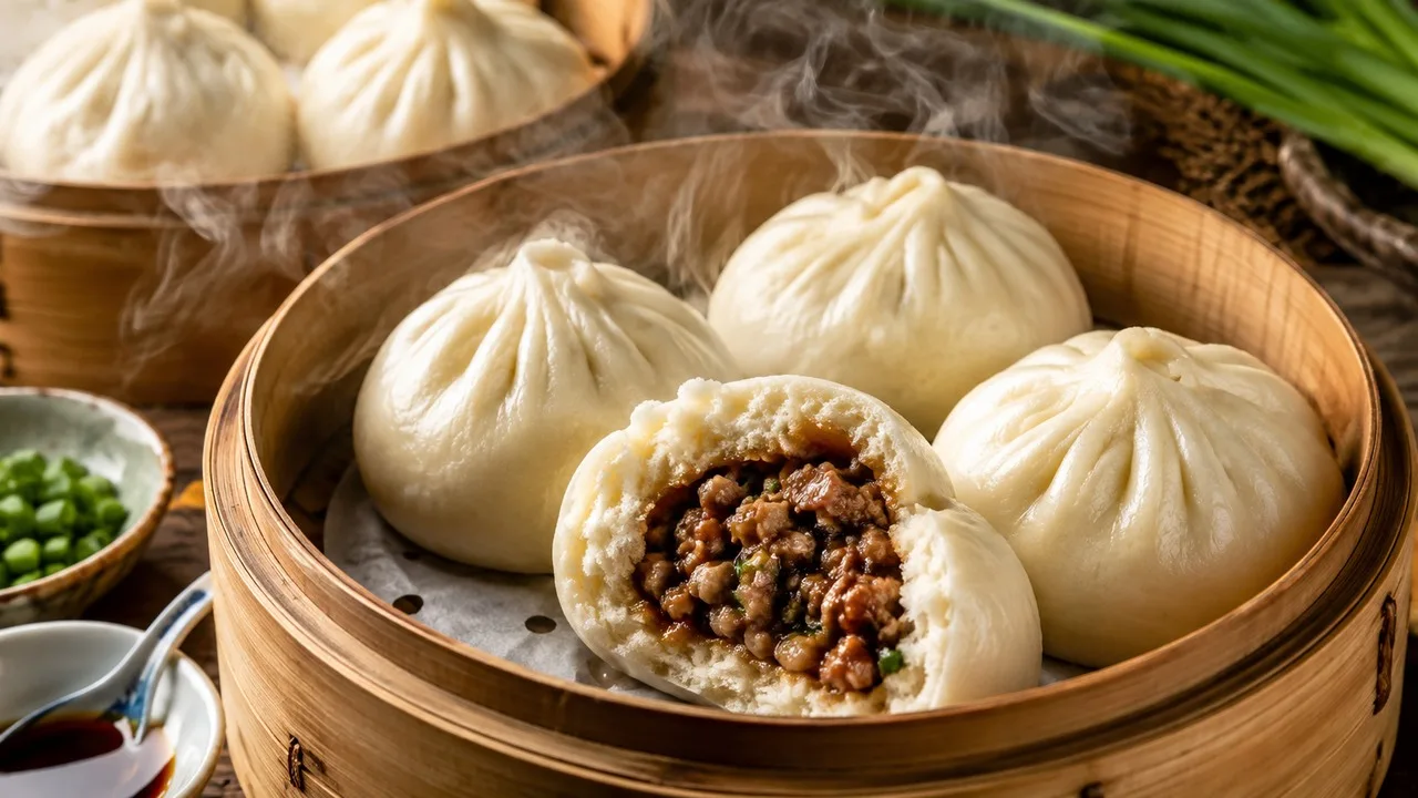 Baozi de porco ao vapor em cesto de bambu, com pães brancos pregueados e um bao aberto mostrando recheio suculento de carne suína e cebolinha, com vapor visível.