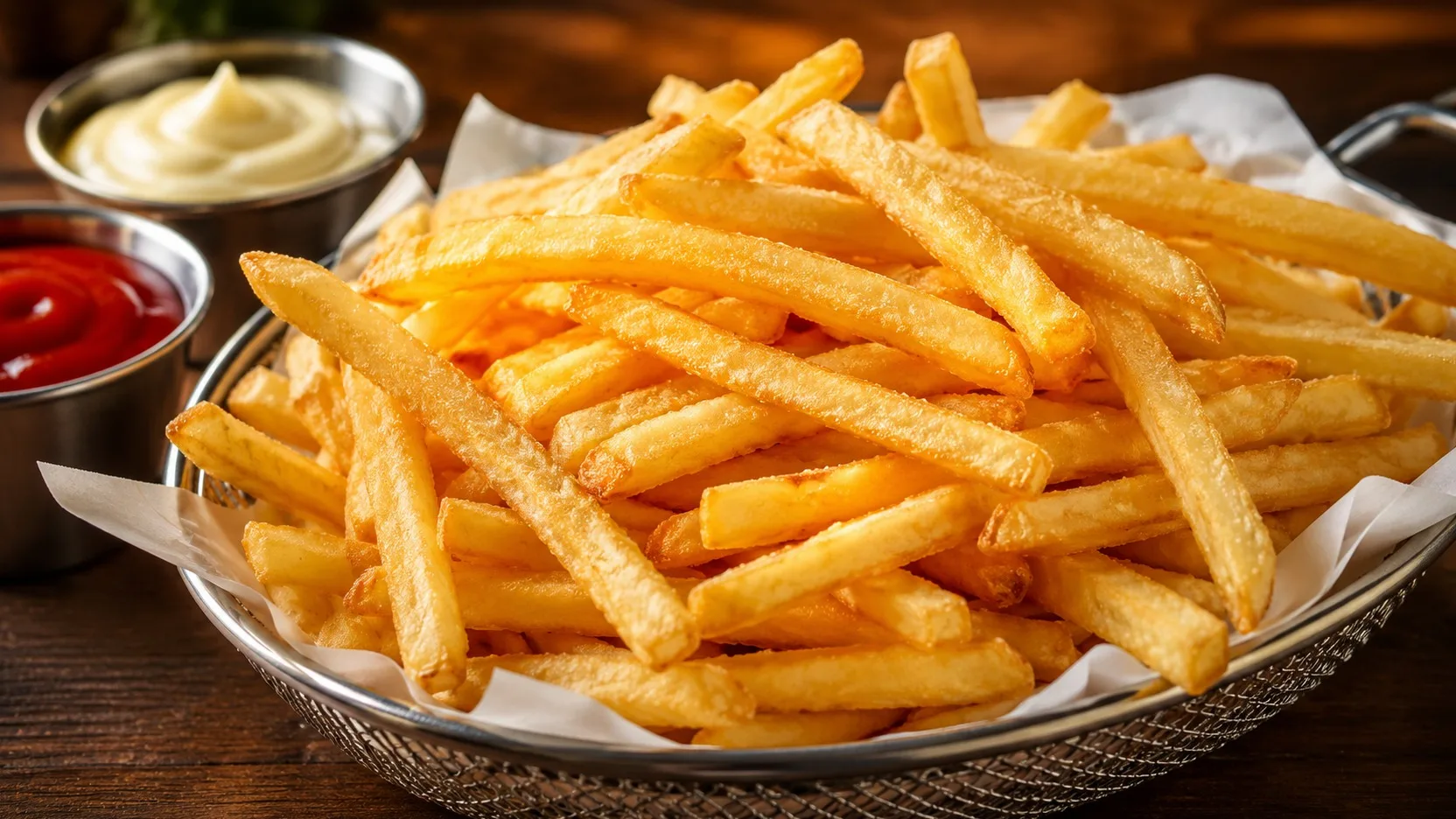 Porção de batatas fritas douradas e crocantes em cesta metálica forrada com papel, com potes de ketchup e molho claro ao fundo.