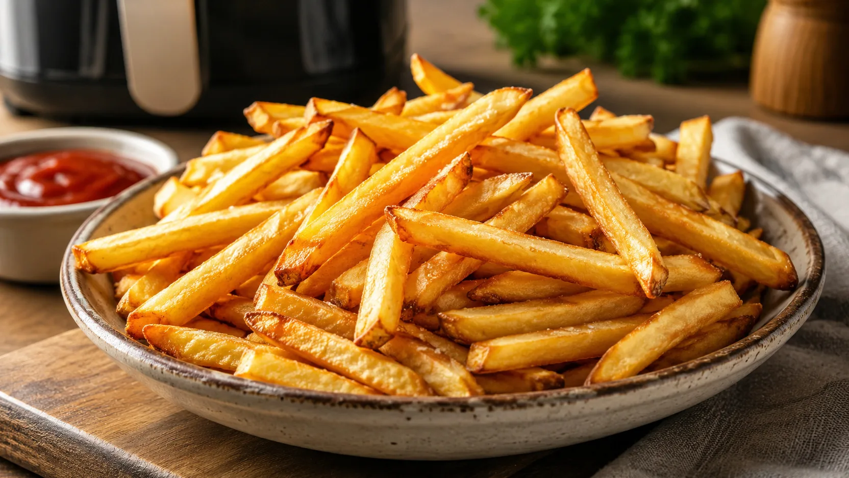 Batatas fritas em palitos, douradas e crocantes, servidas em prato de cerâmica com um pequeno recipiente de ketchup ao lado e uma Air Fryer desfocada ao fundo.