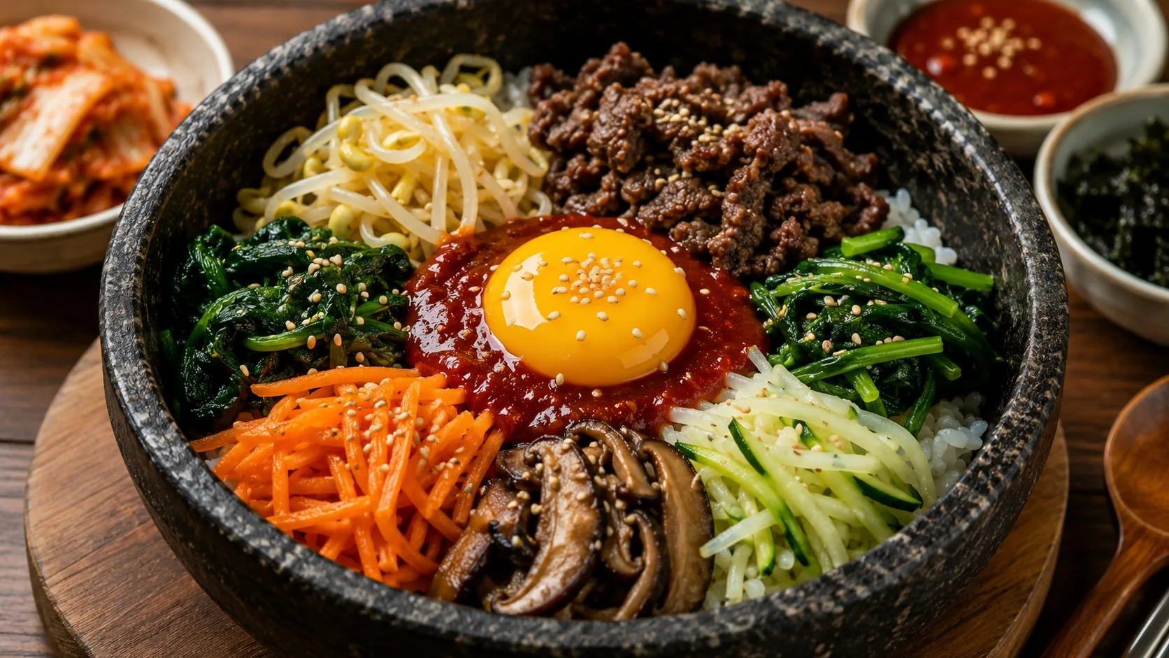 Tigela de pedra com bibimbap coreano, arroz branco coberto por carne bovina, broto de feijão, espinafre, cenoura, cogumelos, abobrinha, molho vermelho de gochujang e gema de ovo ao centro, com gergelim.