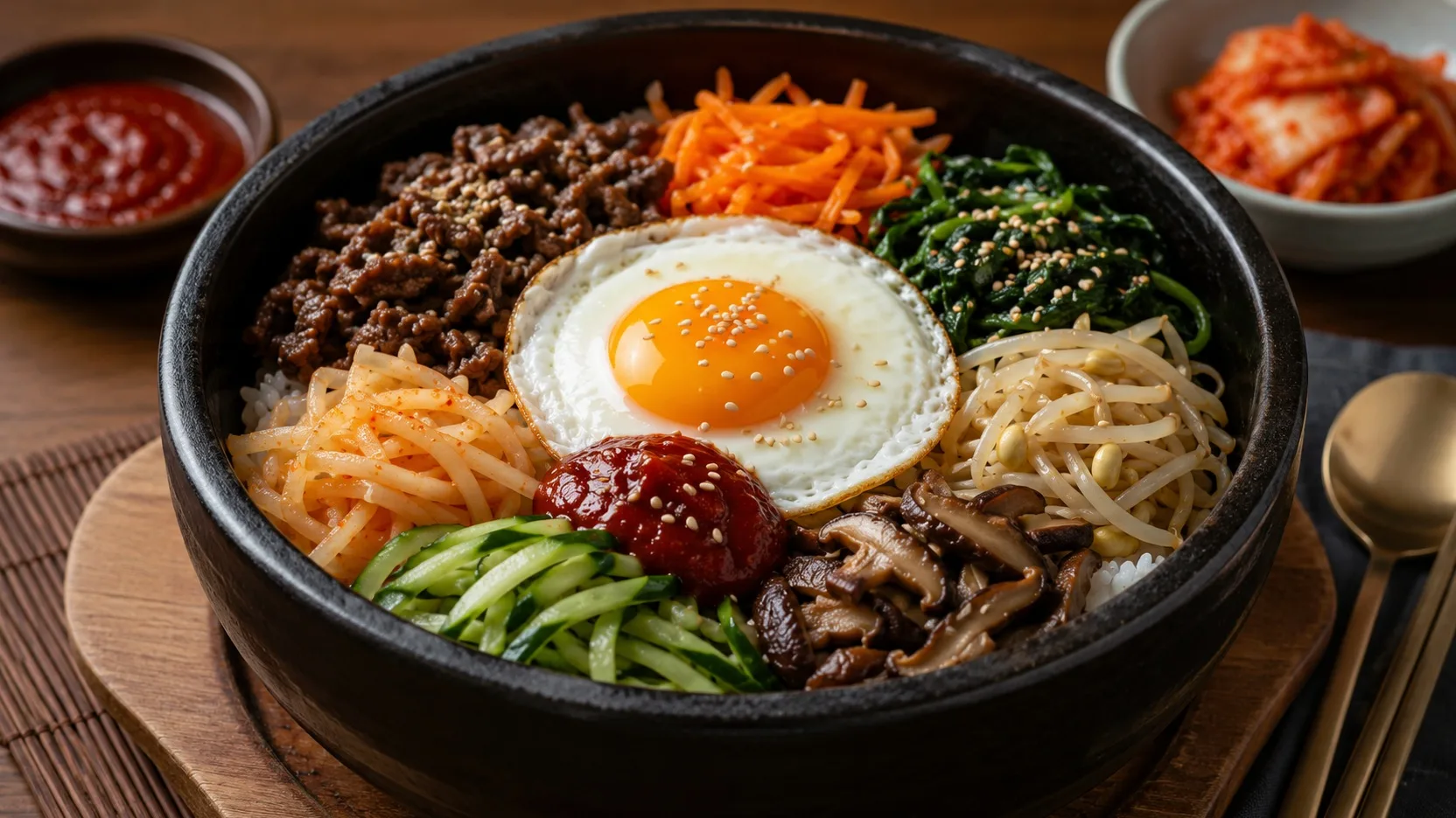 Bibimbap coreano em tigela preta, com arroz, carne bovina, cenoura, espinafre, broto de feijão, cogumelos, pepino, ovo frito com gema mole e molho vermelho de gochujang, acompanhado de kimchi.