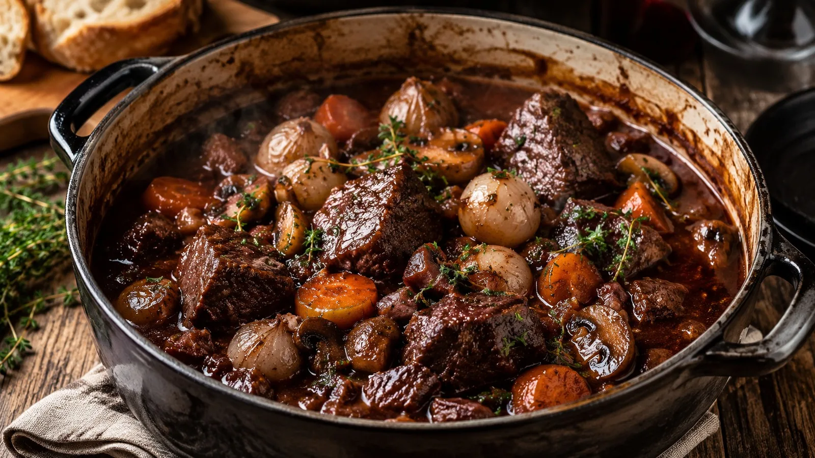 Boeuf bourguignon em cocotte escura, com cubos de carne em molho de vinho tinto, cenouras, cogumelos e cebolas pérola, finalizado com ervas.