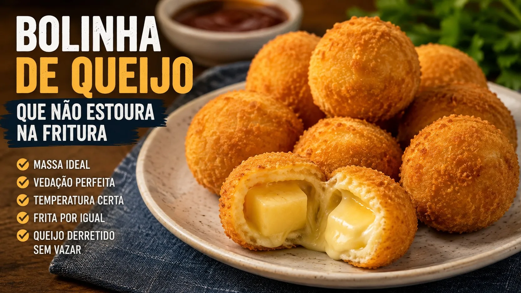 Capa horizontal com bolinhas de queijo fritas e douradas em um prato, uma delas aberta mostrando cubos de queijo derretido, com molho ao fundo e texto informativo à esquerda.