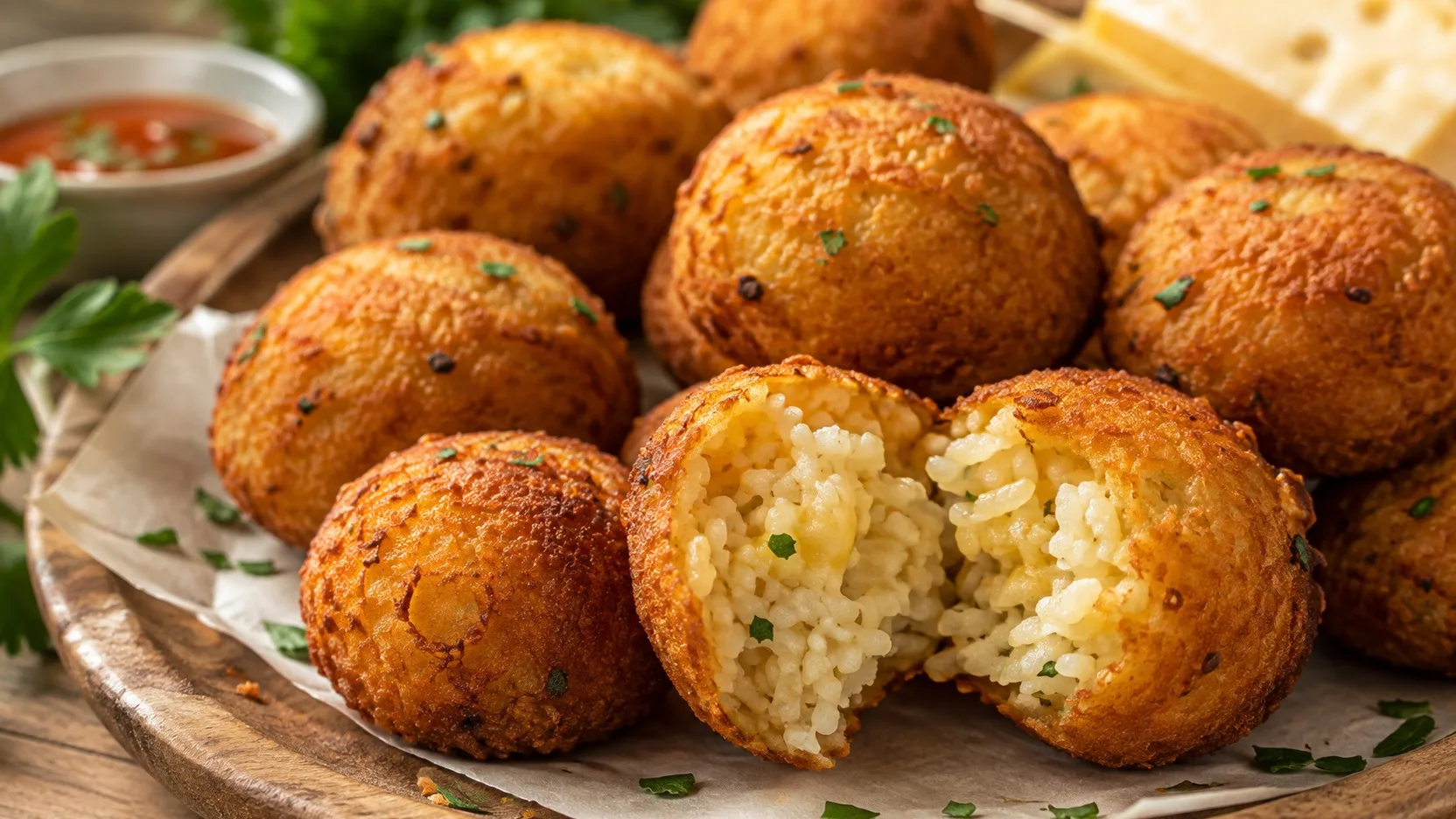 Bolinho de arroz frito dourado e crocante, com um bolinho aberto mostrando os grãos de arroz, queijo e ervas no interior.