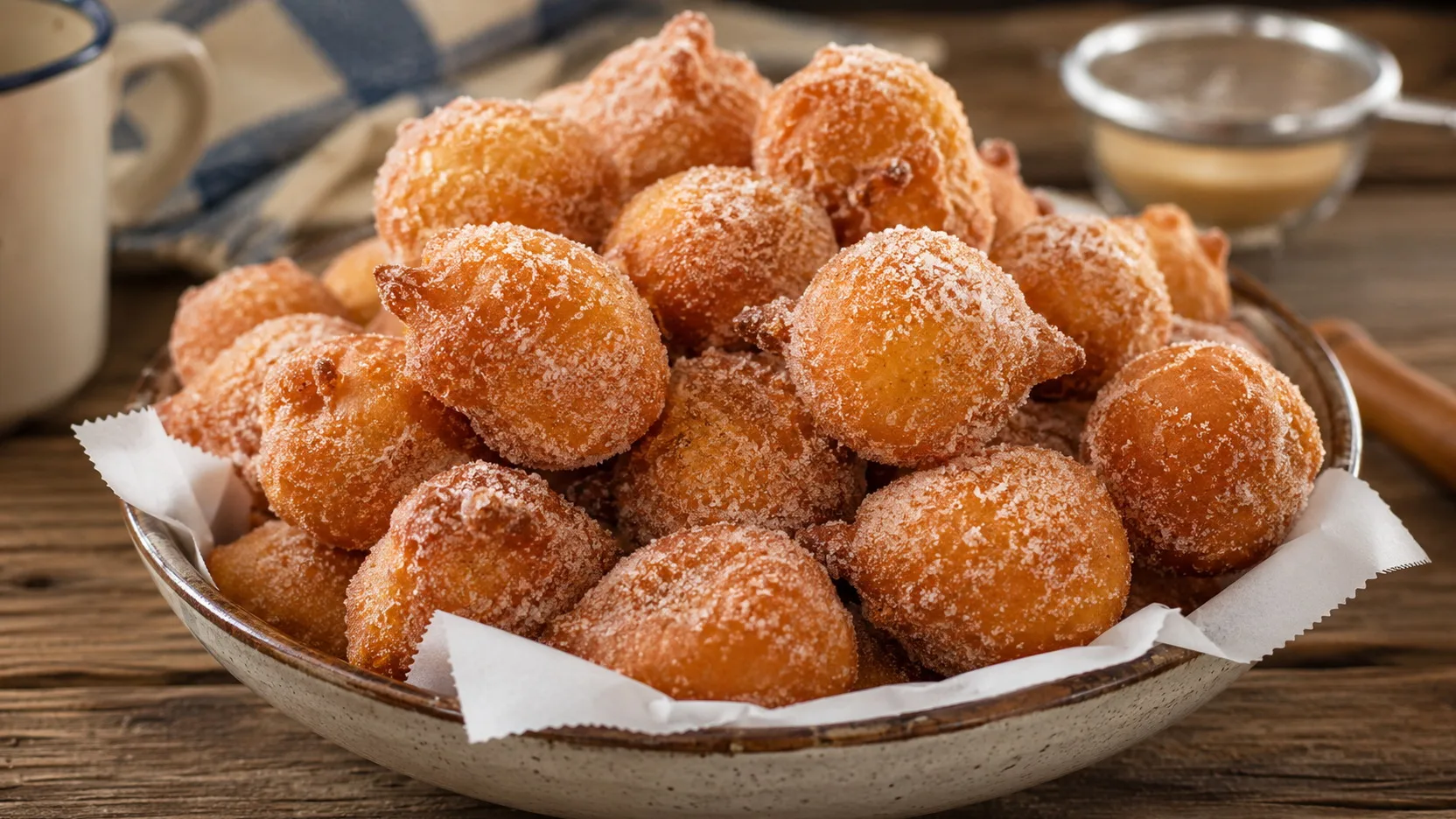 Bolinho de chuva tradicional dourado e polvilhado com açúcar, servido em prato rústico sobre mesa de madeira.