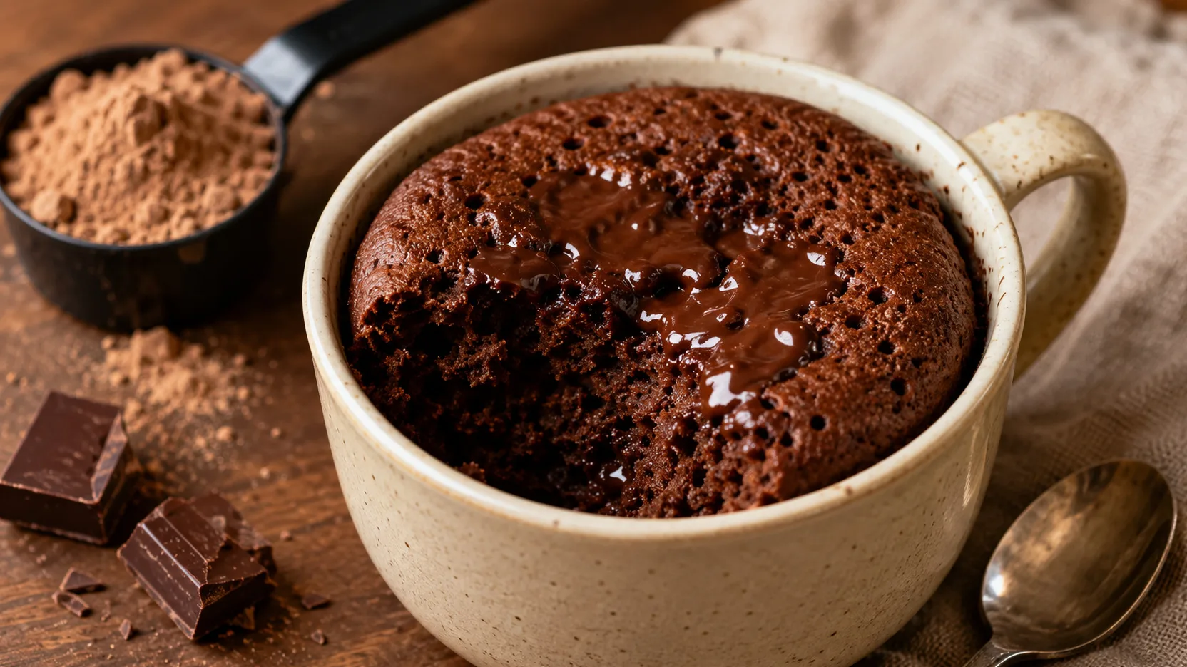 Bolo de caneca proteico de chocolate com whey em caneca de cerâmica clara, com miolo úmido exposto e chocolate derretido sobre o topo, ao lado de cacau, pedaços de chocolate e colher sobre mesa de madeira.
