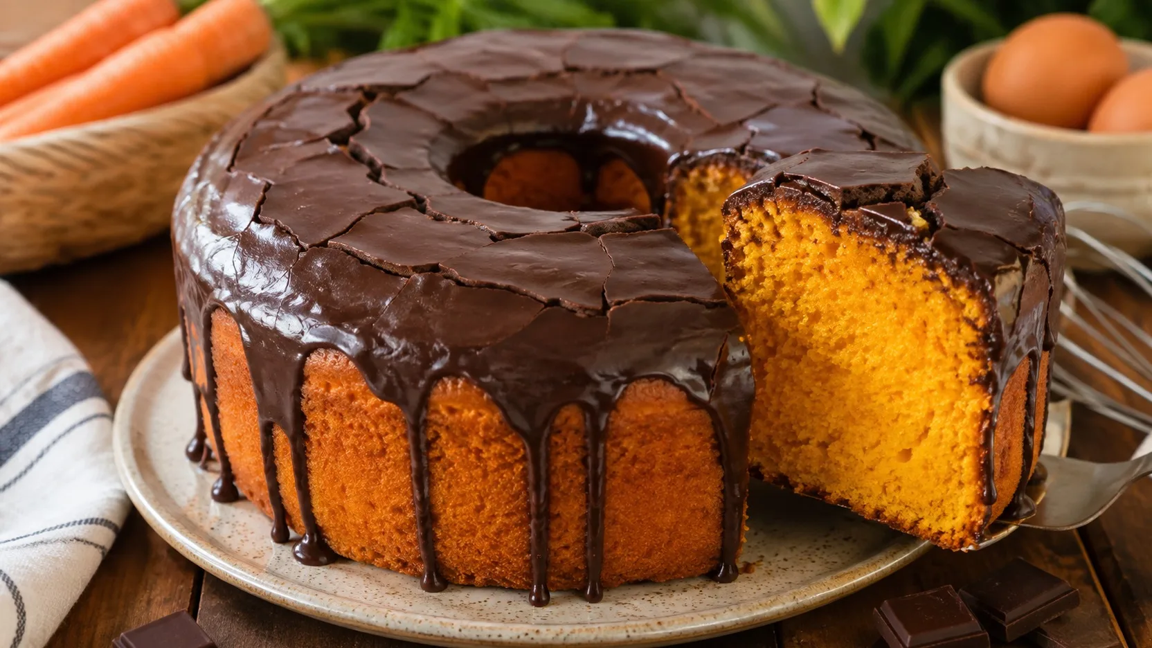 Bolo de cenoura em forma de furo central, com cobertura de chocolate firme e craquelada e uma fatia cortada mostrando o miolo alaranjado e fofo.