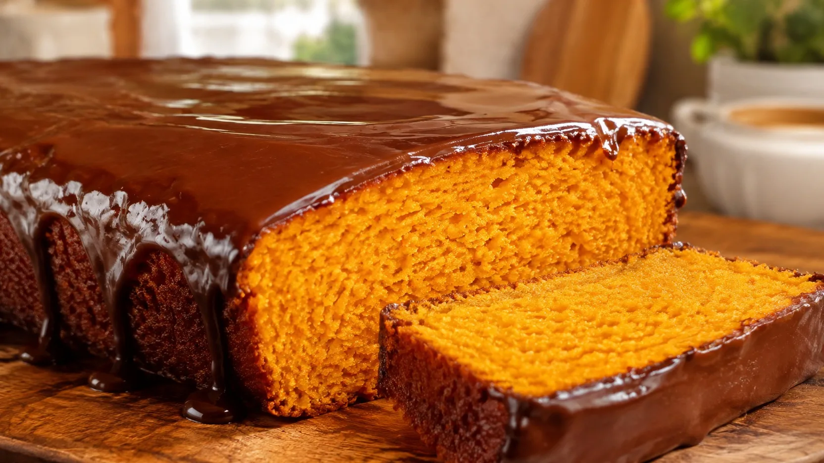 Bolo de cenoura retangular alto com cobertura brilhante de chocolate e uma fatia cortada, mostrando o miolo laranja macio e uniforme sobre mesa de madeira.