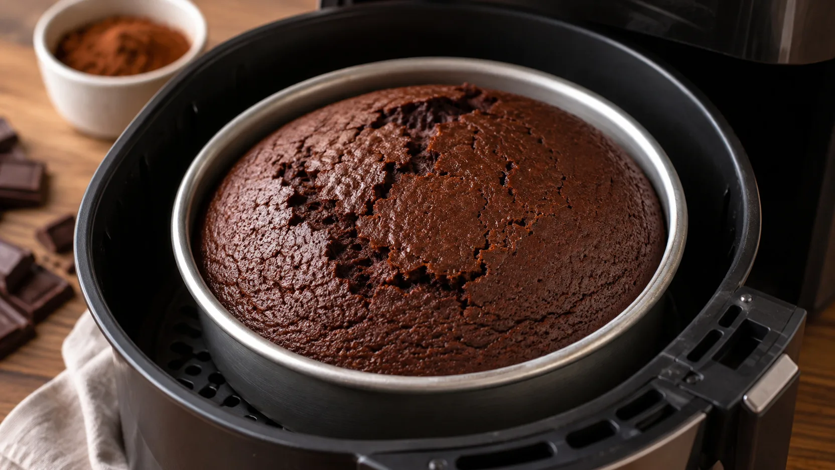 Bolo de chocolate assado em forma redonda de alumínio dentro da cesta de uma air fryer, com topo alto, rachado e úmido.