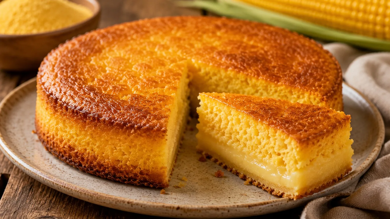 Bolo de fubá cremoso dourado em prato de cerâmica, com uma fatia cortada mostrando a camada cremosa amarela sob a parte assada.