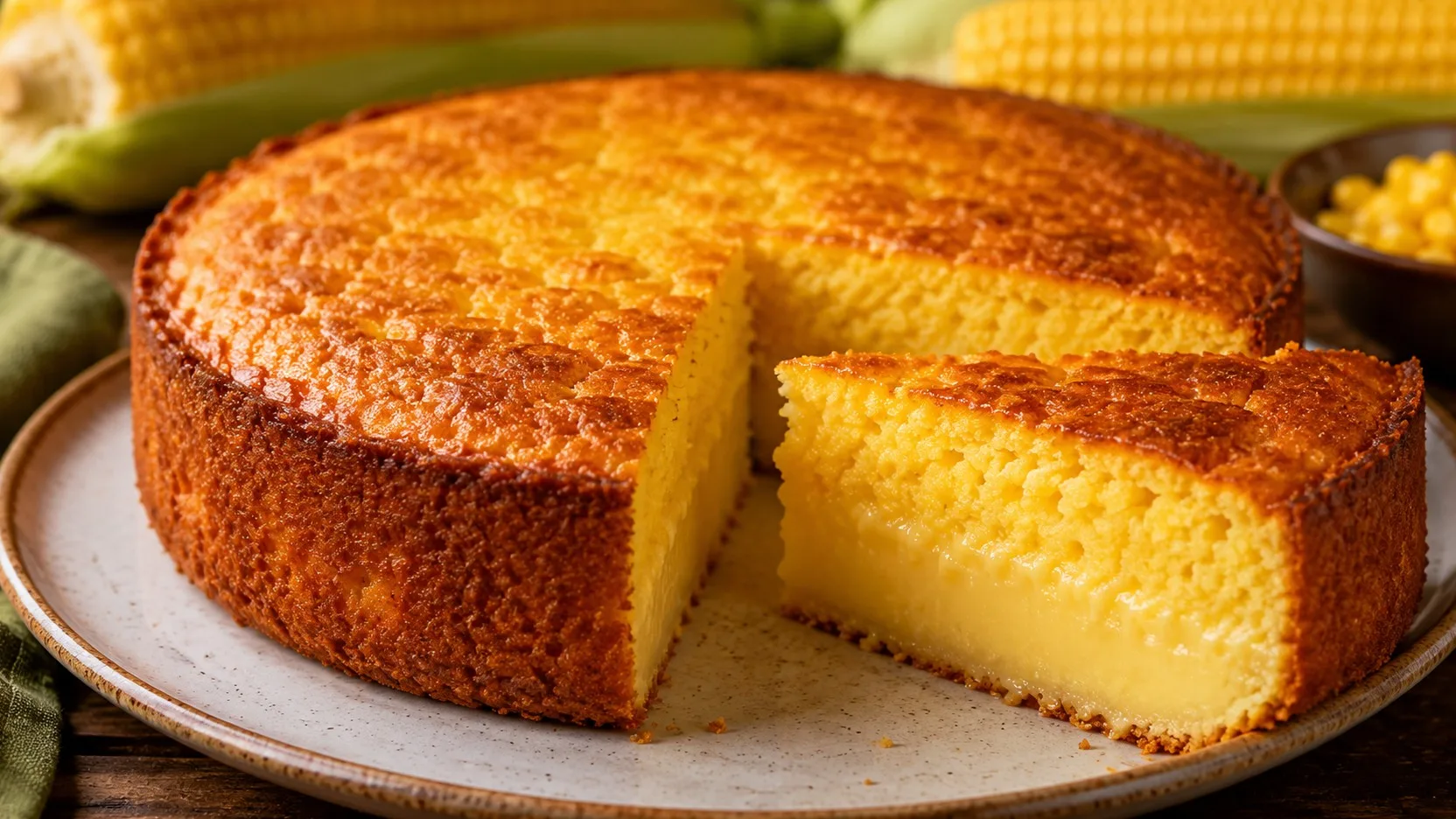 Bolo de milho cremoso dourado em prato de cerâmica, com uma fatia cortada mostrando camada interna cremosa de milho e miolo macio.