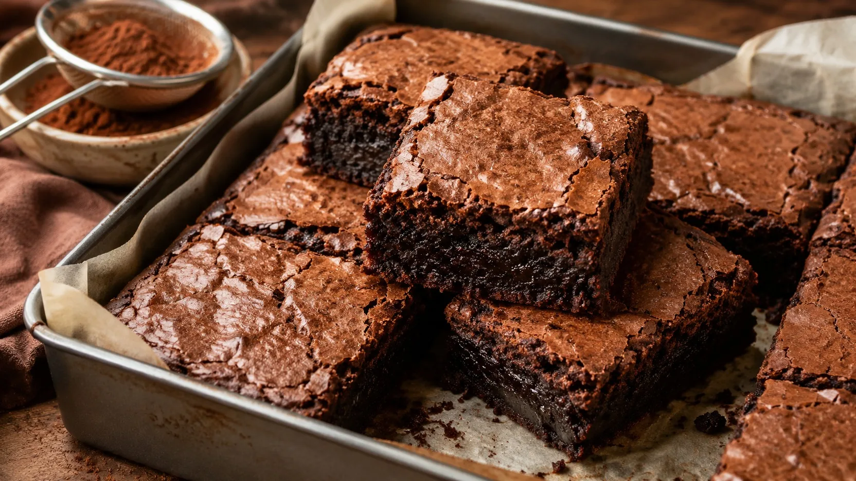 Brownies quadrados com casquinha fina e rachada, empilhados em assadeira forrada com papel-manteiga, com interior escuro e úmido aparente e chocolate em pó peneirado ao fundo.