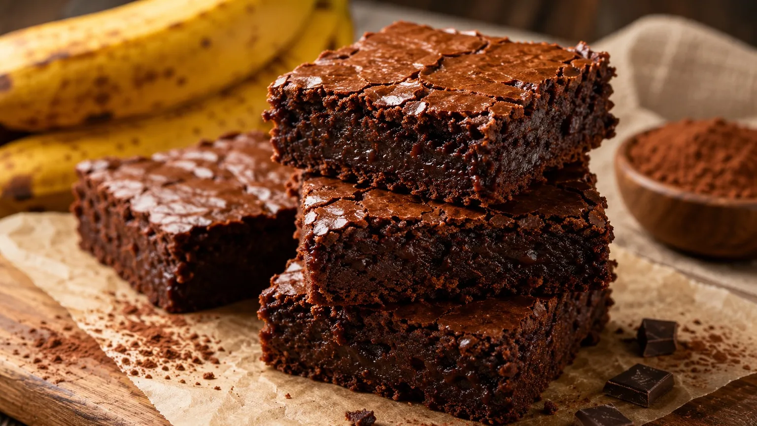 Brownies de banana e cacau empilhados, com centro escuro e úmido, casquinha fina, bananas maduras, cacau em pó e pedaços de chocolate ao redor.