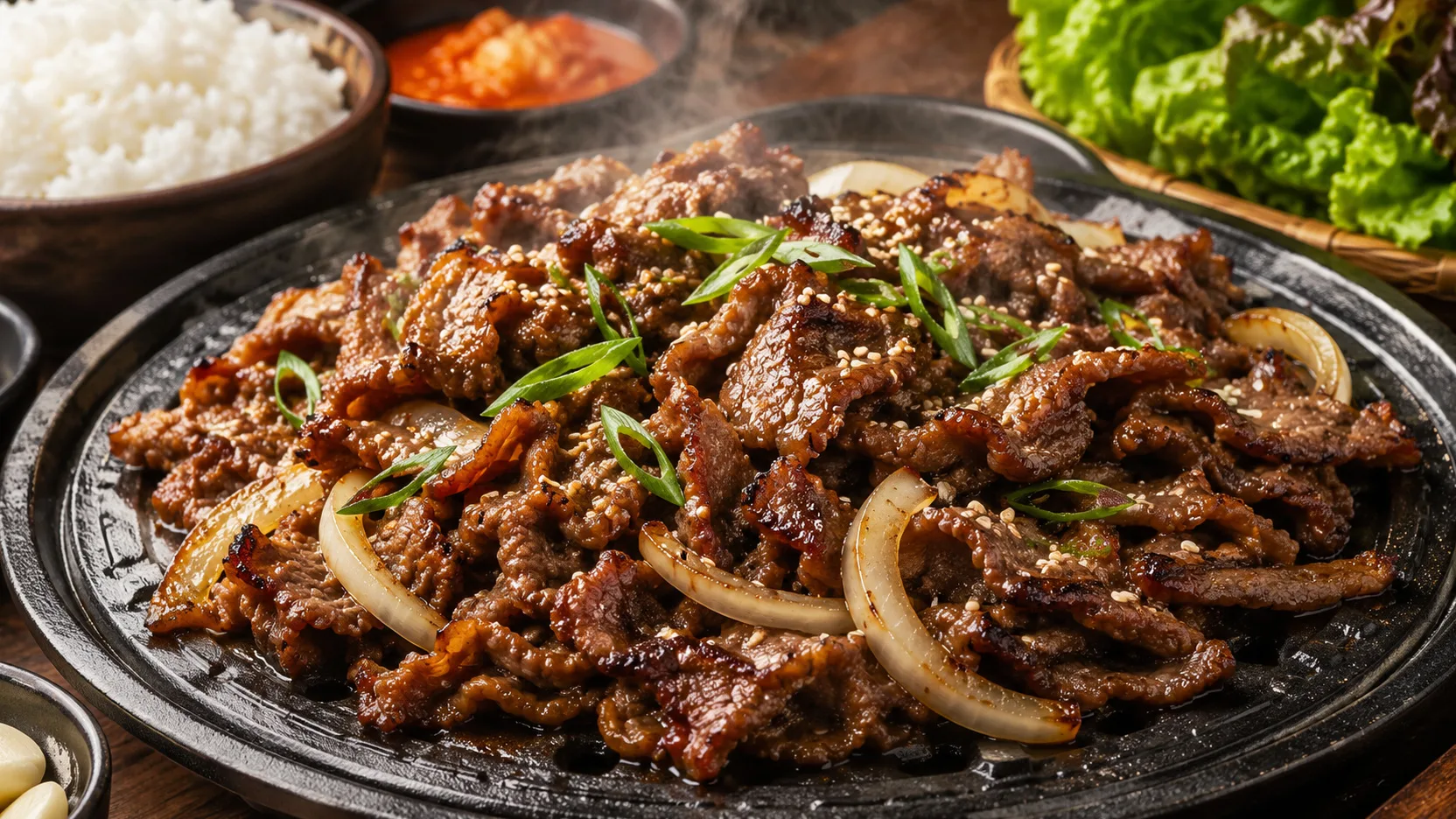 Bulgogi coreano com tiras finas de carne bovina caramelizada, cebola, gergelim e cebolinha em chapa escura, com arroz branco e folhas de alface ao fundo.
