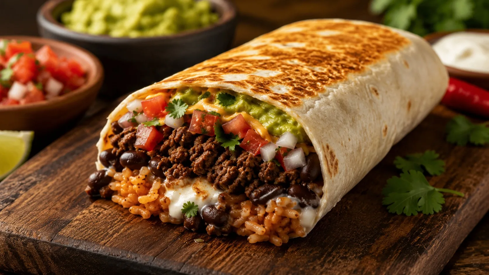 Burrito grande de tortilla de trigo tostada, aberto na ponta, com carne moída, feijão preto, arroz, queijo derretido, pico de gallo e guacamole sobre tábua de madeira.