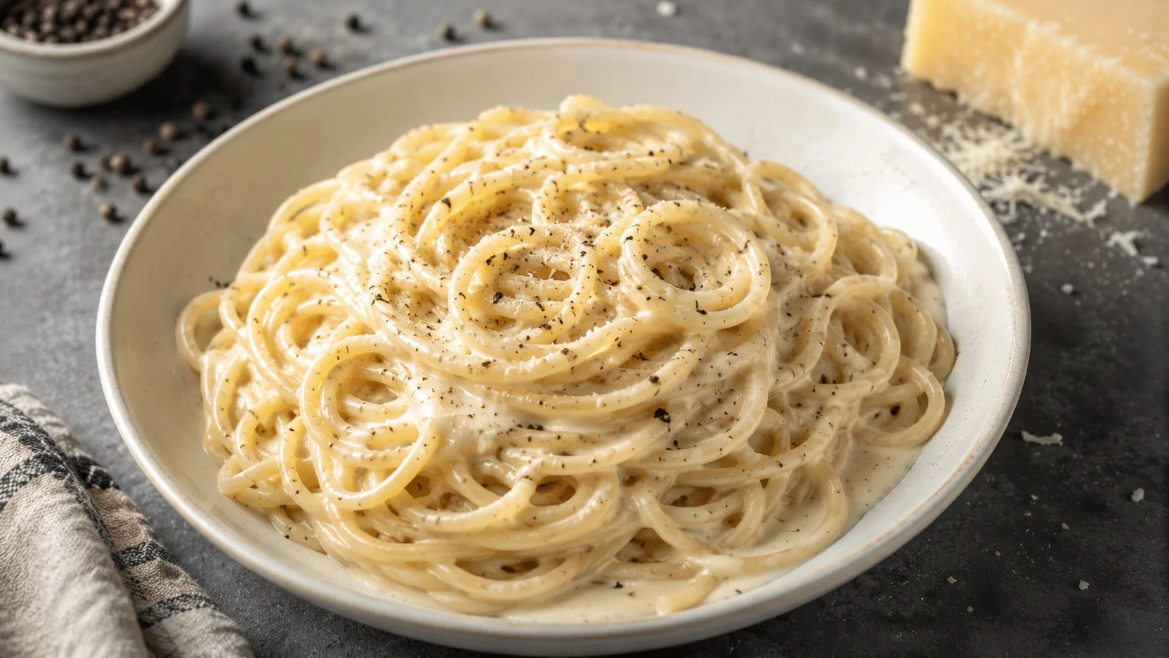 Prato de espaguete cacio e pepe com molho cremoso claro, pimenta-do-reino moída e queijo curado ao fundo sobre bancada escura.