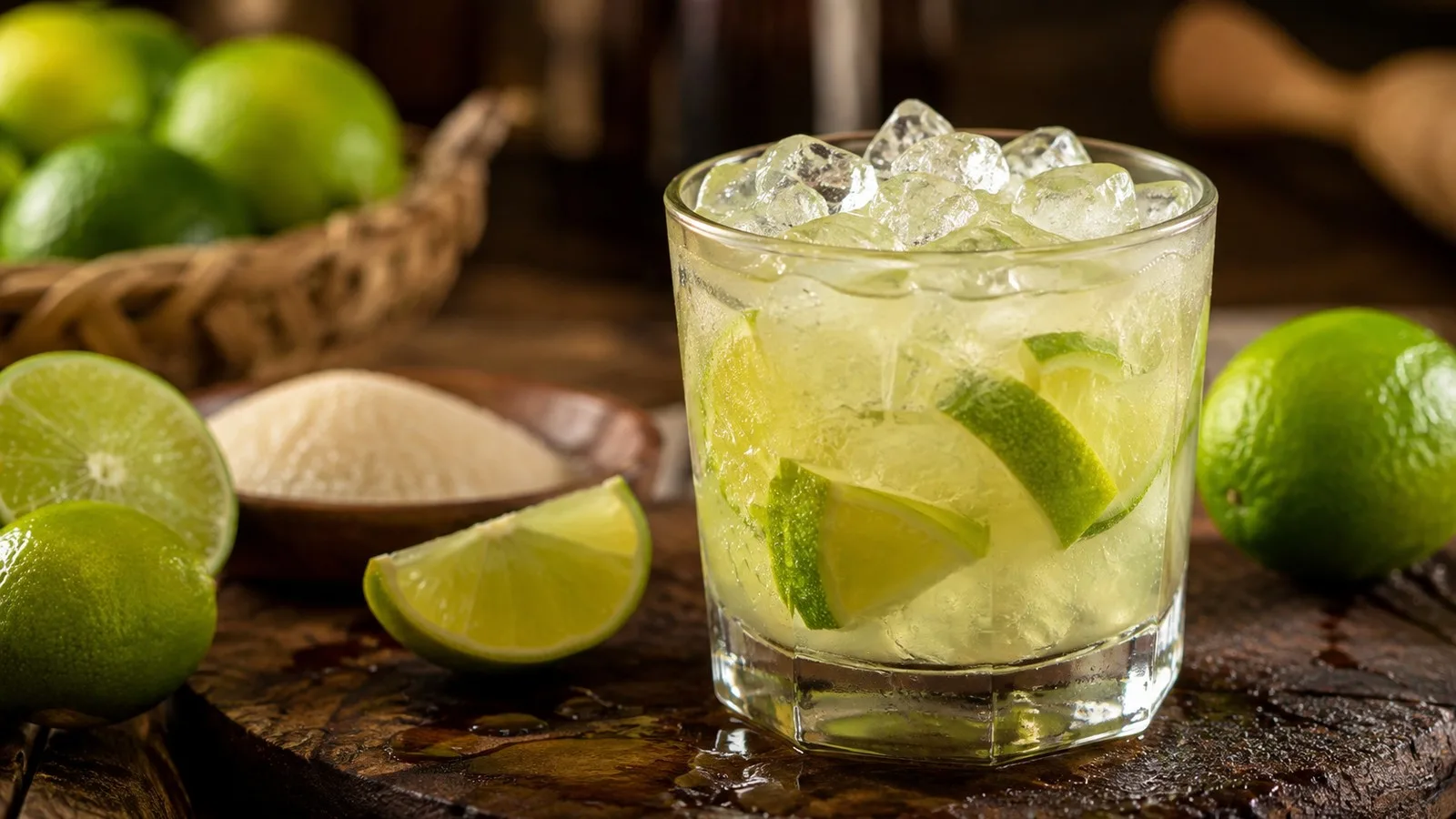 Caipirinha clássica de limão em copo baixo com gelo e gomos de limão, sobre madeira, cercada por limões frescos e açúcar.