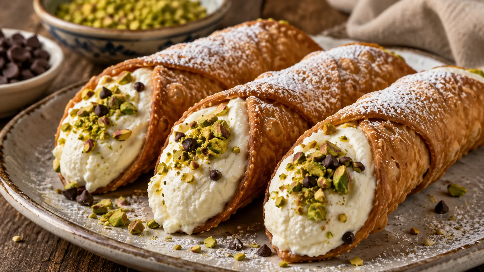 Três cannoli dourados e crocantes recheados com creme de ricota, finalizados com pistache picado, gotas de chocolate e açúcar de confeiteiro em prato rústico.
