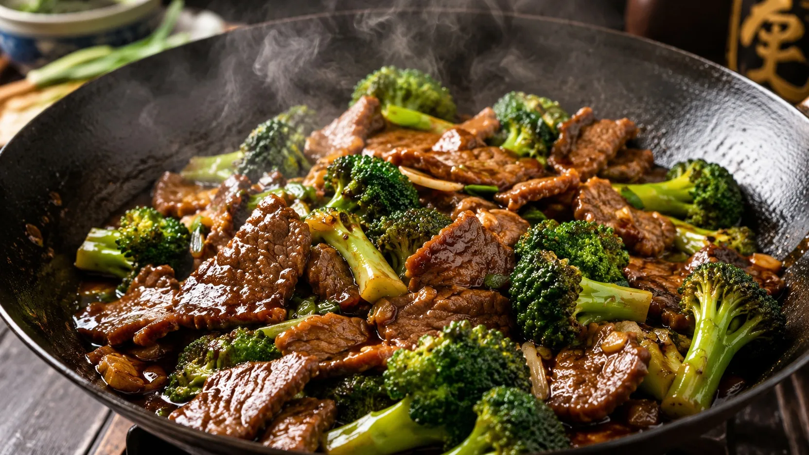 Fatias de carne bovina salteadas com brócolis verde em molho escuro e brilhante dentro de um wok, com vapor subindo.