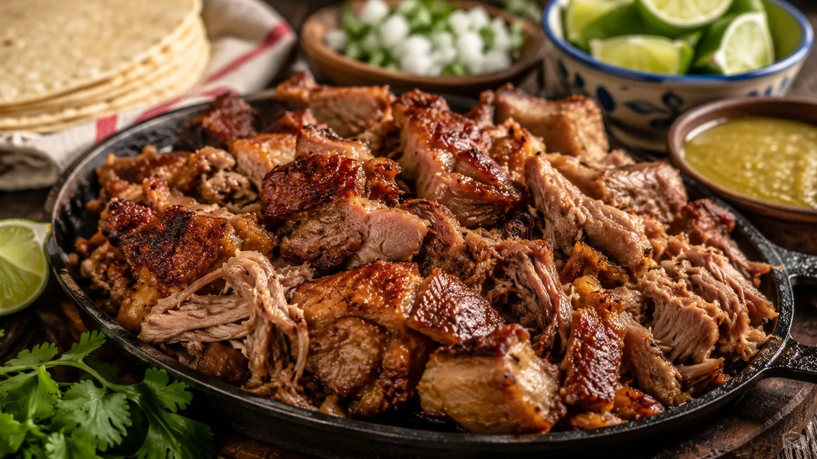 Carnitas mexicanas de porco douradas e desfiadas em frigideira de ferro, com tortillas de milho, limão, cebola, coentro e salsa ao redor.