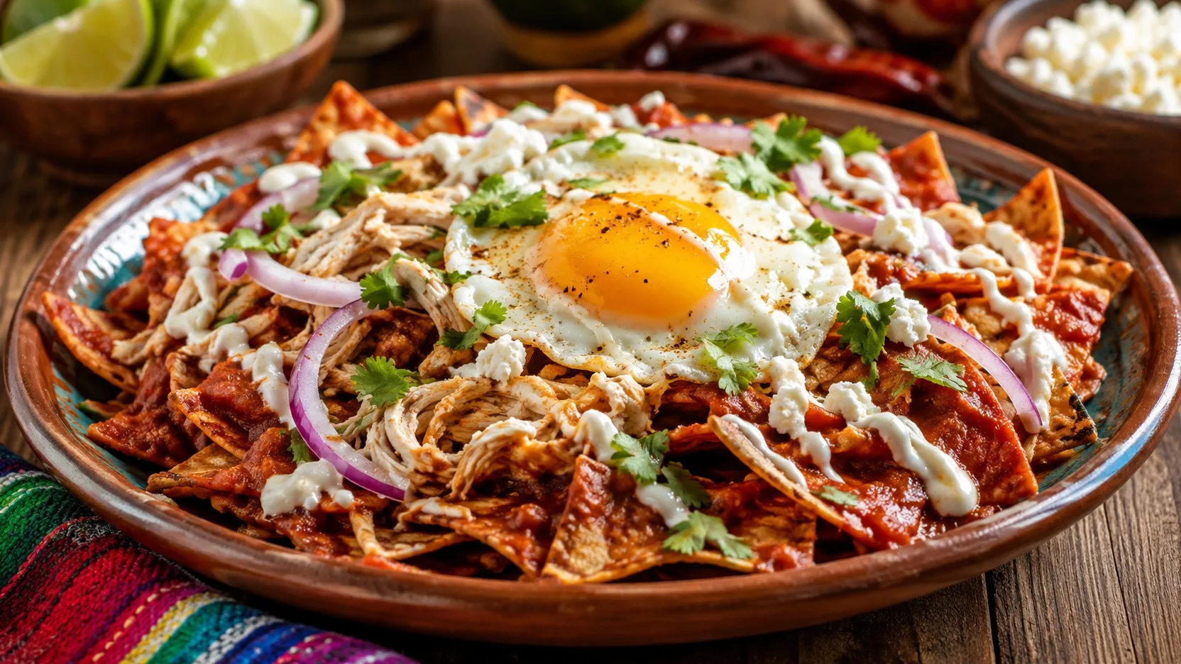 Prato de chilaquiles rojos com totopos de milho cobertos por salsa vermelha, frango desfiado, ovo frito de gema cremosa, crema, queijo branco, cebola roxa e coentro.