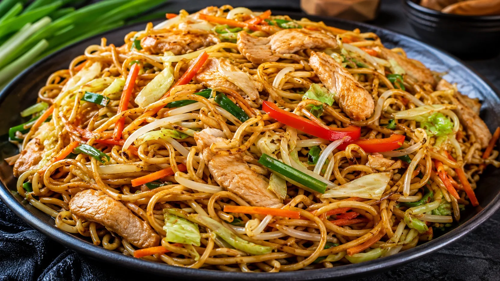 Prato de chow mein com macarrão dourado, tiras de frango, repolho, cenoura, broto de feijão, cebolinha e pimentão vermelho.