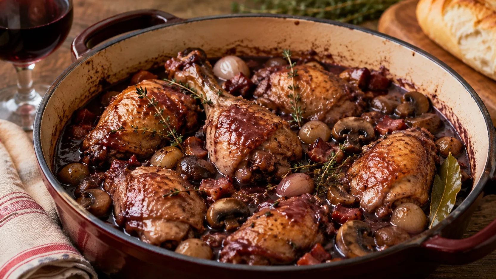 Coq au vin em caçarola de ferro esmaltado, com pedaços dourados de frango em molho escuro de vinho tinto, cogumelos, cebolas pequenas, bacon e tomilho sobre mesa de madeira, com taça de vinho e pão ao fundo.