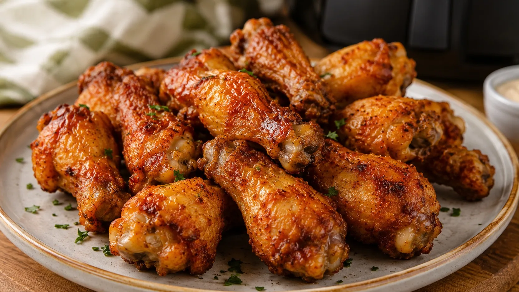 Coxinhas da asa de frango douradas e crocantes em prato claro, com ervas e um pequeno pote de molho ao fundo, em fotografia horizontal.
