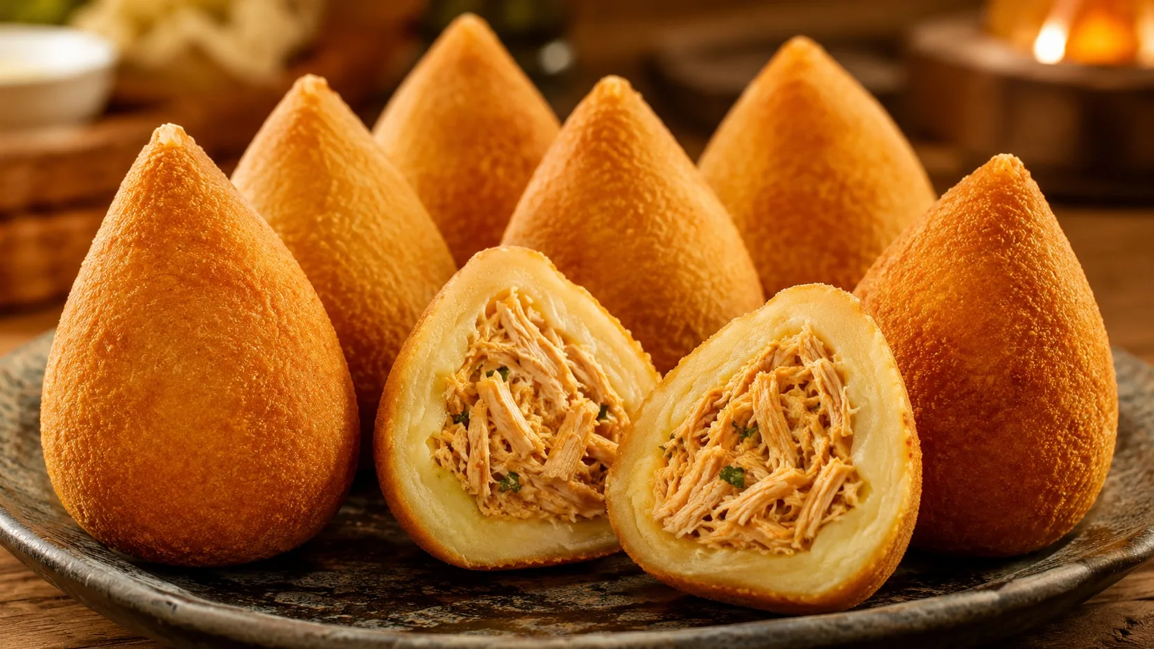 Coxinhas de frango douradas em formato de gota sobre prato rústico, com duas unidades abertas mostrando a massa clara e o recheio de frango desfiado.