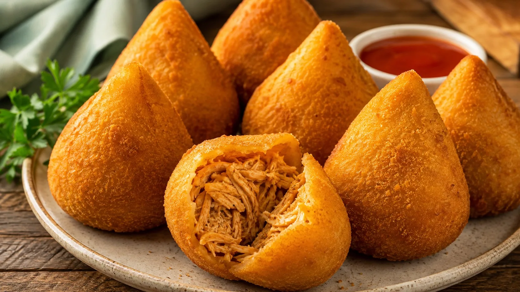 Coxinhas de frango douradas em prato de cerâmica, com uma unidade aberta mostrando o recheio de frango desfiado e molho vermelho ao fundo.