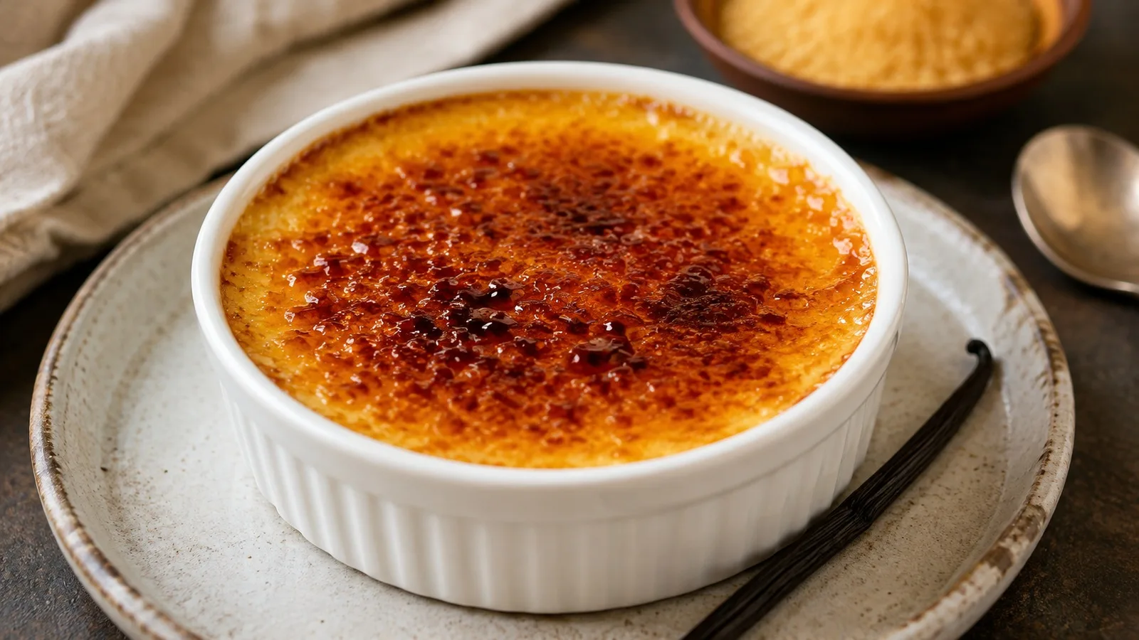 Crème brûlée em ramekin branco, com crosta de açúcar caramelizado âmbar e brilhante, servido em prato de cerâmica com uma fava de baunilha ao lado.