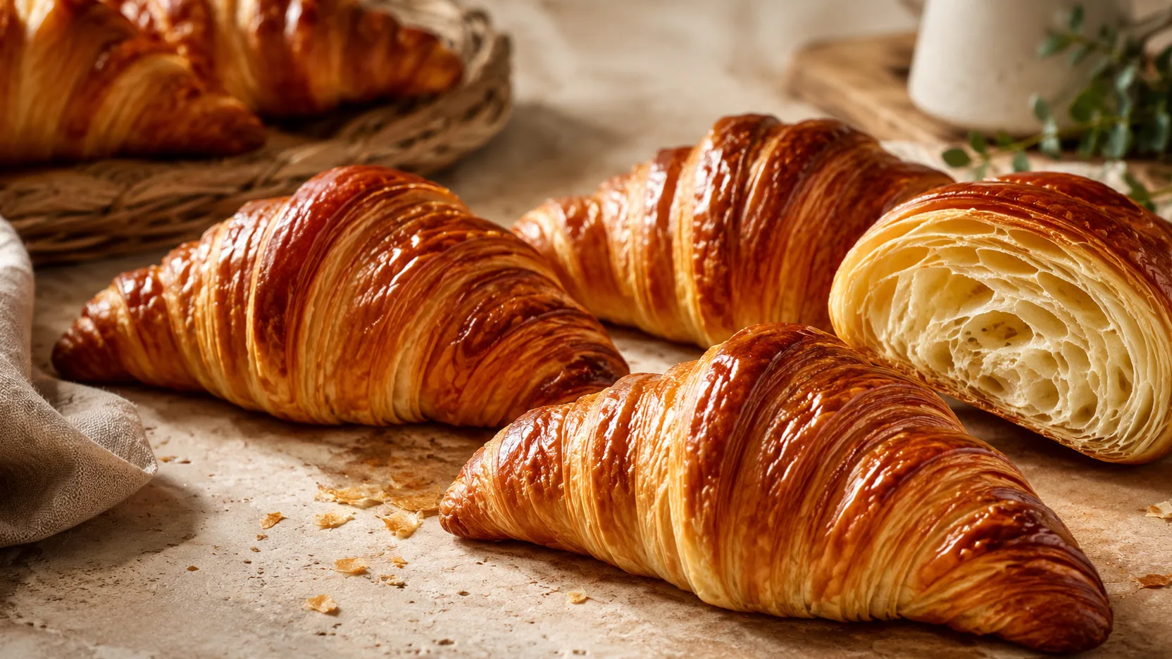 Croissants franceses dourados e folhados sobre bancada clara, com um croissant cortado mostrando o miolo aerado em camadas.