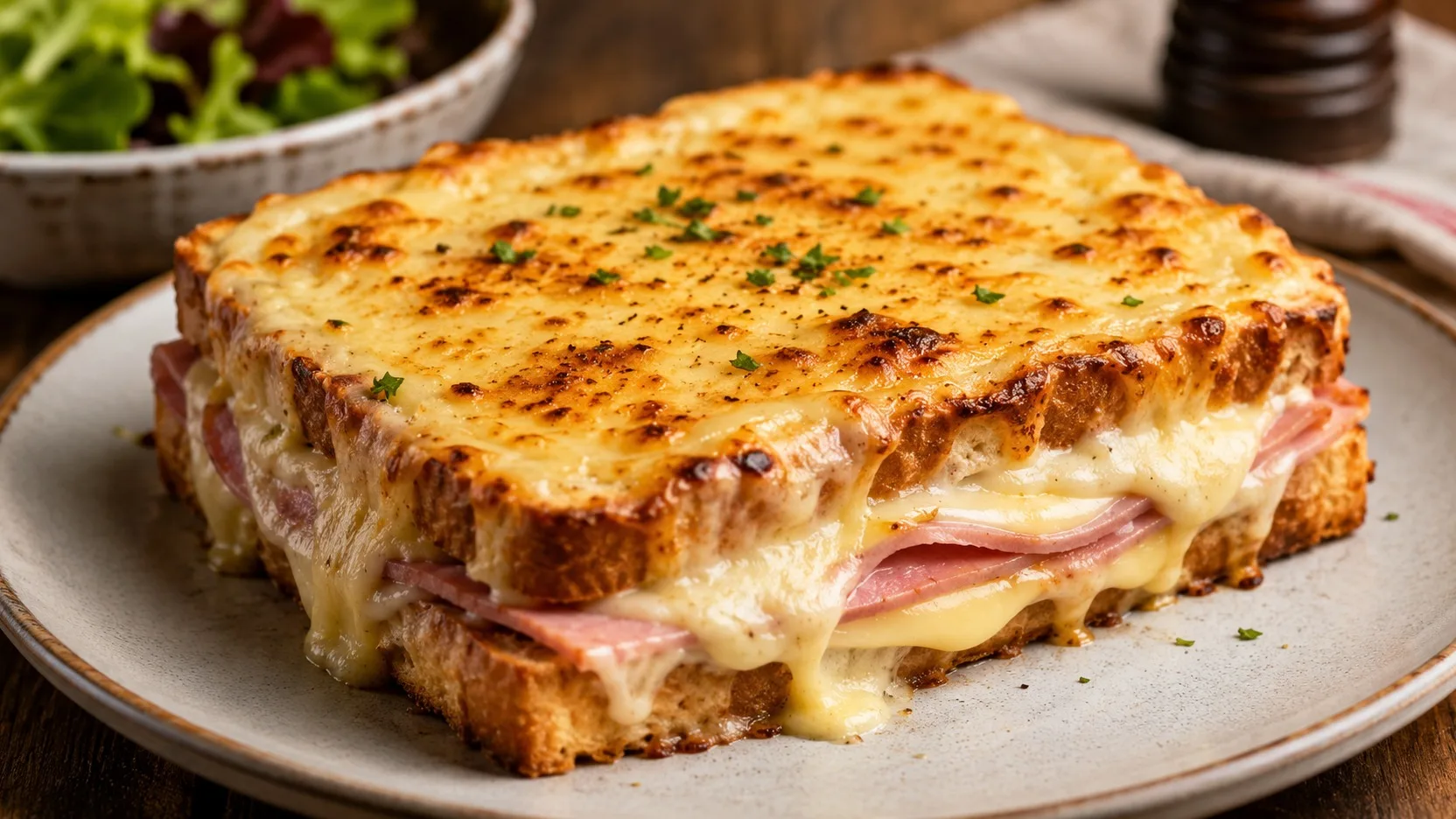 Croque-monsieur de pão branco com presunto, queijo derretido e béchamel gratinado, dourado e servido em prato claro com salada ao fundo.