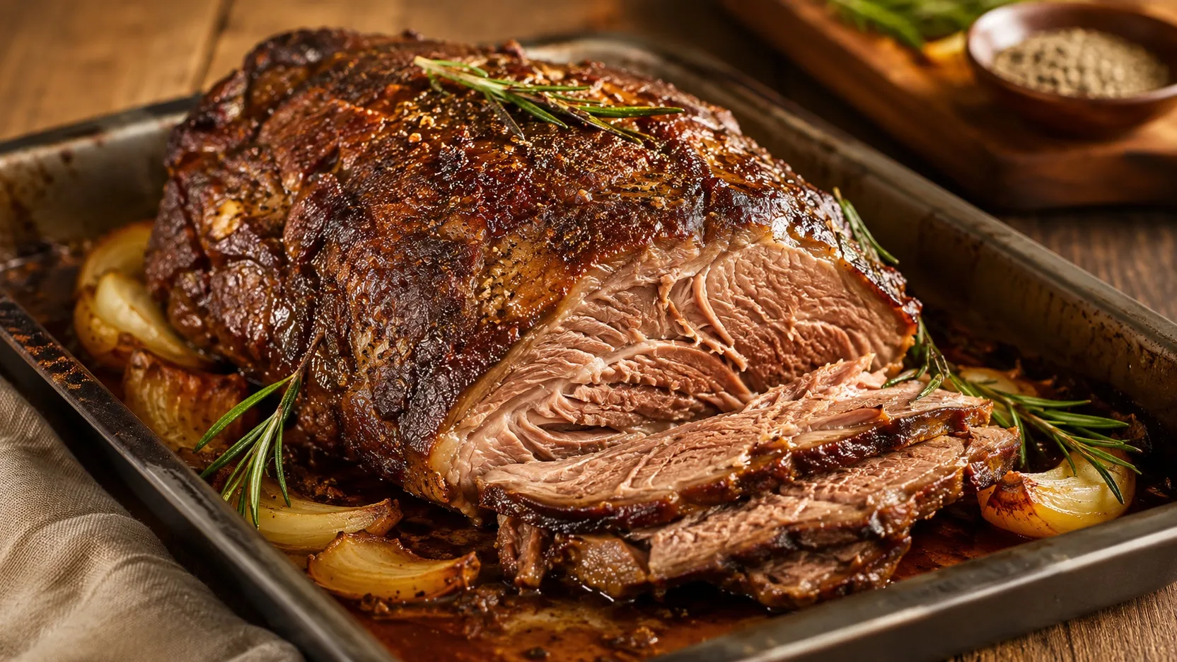 Cupim assado no forno, dourado e fatiado, na assadeira com cebolas assadas, caldo da carne e ramos de alecrim.