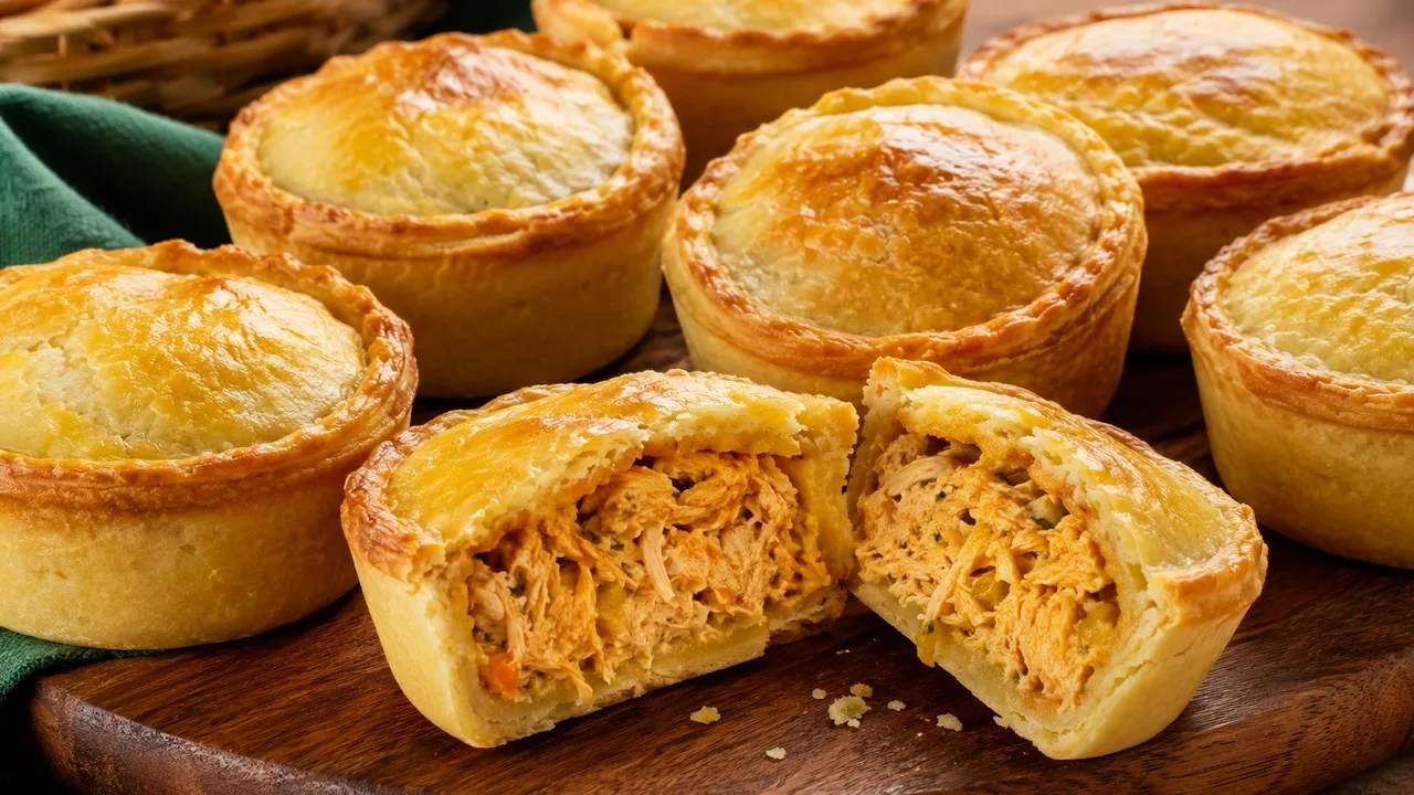 Empadas de frango douradas sobre tábua de madeira, com uma unidade cortada ao meio mostrando massa podre quebradiça e recheio úmido de frango desfiado.