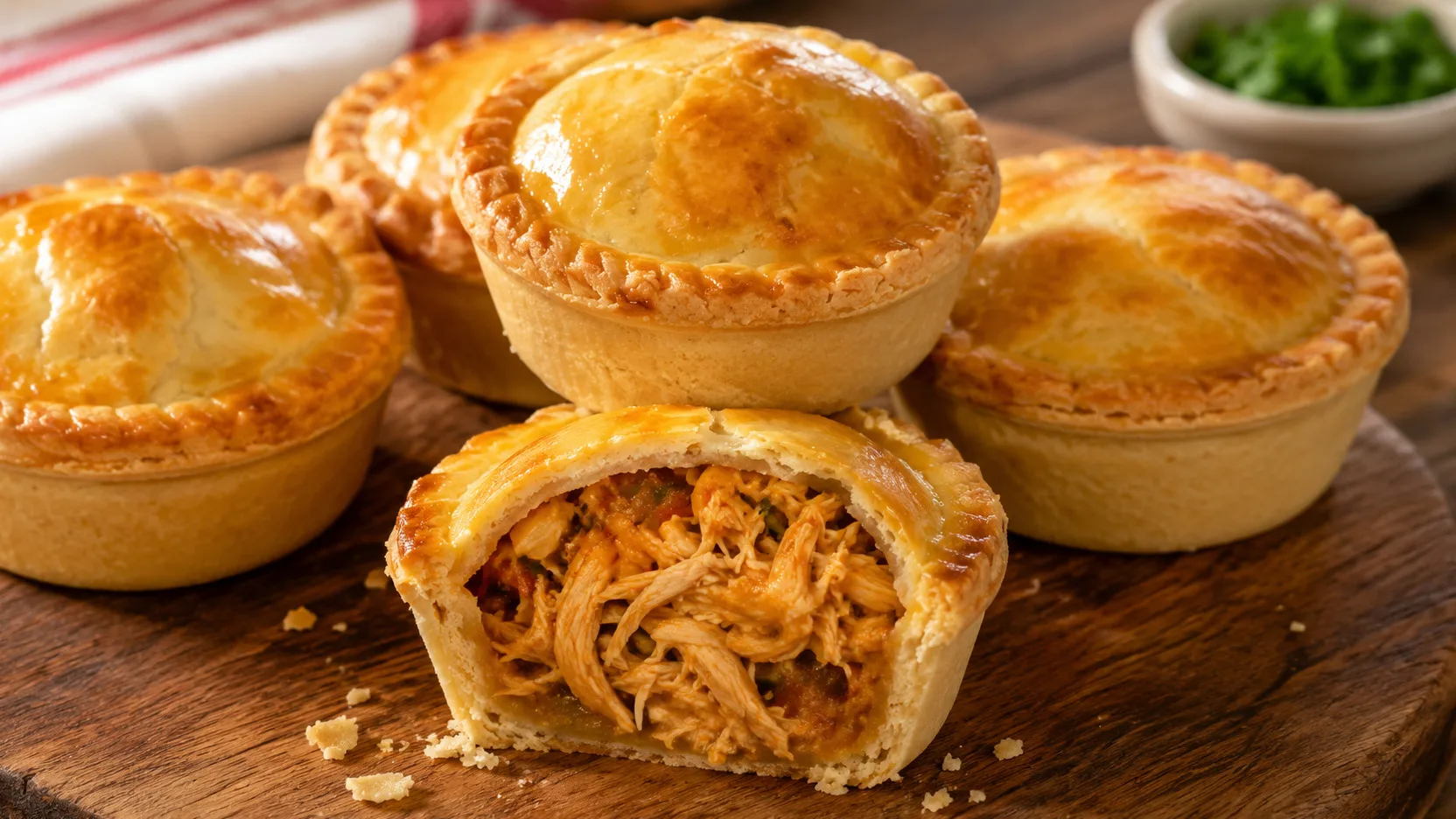Empadinhas de frango douradas sobre tábua de madeira, com uma unidade aberta mostrando recheio de frango desfiado e massa friável.