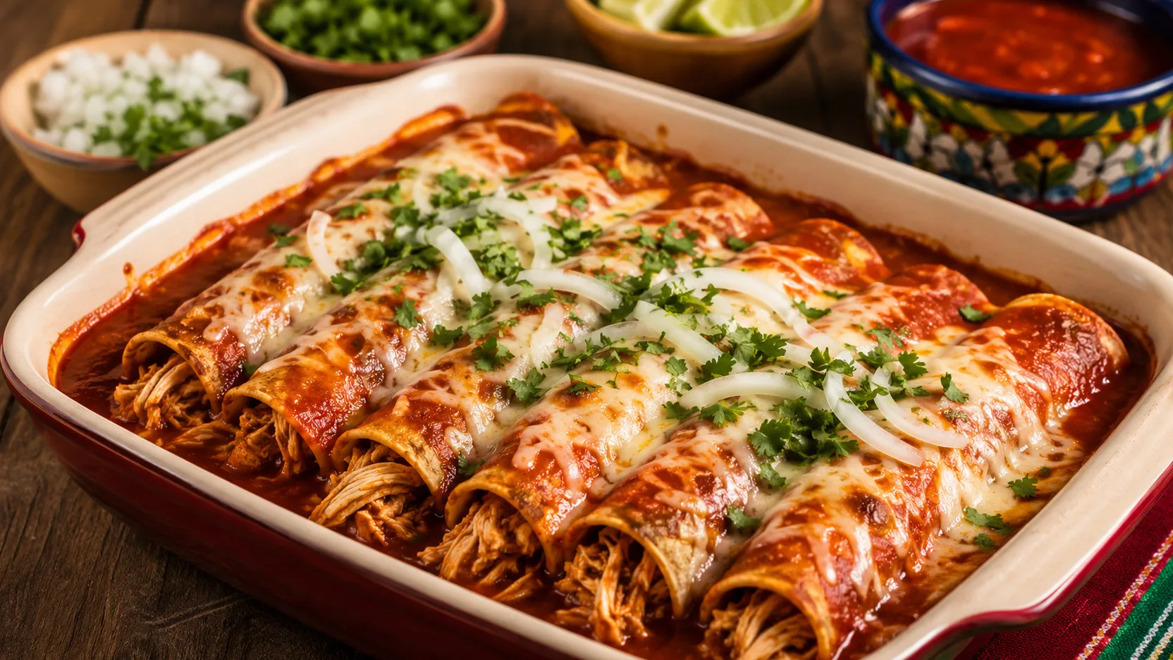 Assadeira com enchiladas de frango enroladas em tortillas de milho, cobertas com molho vermelho, queijo gratinado, cebola branca e coentro.