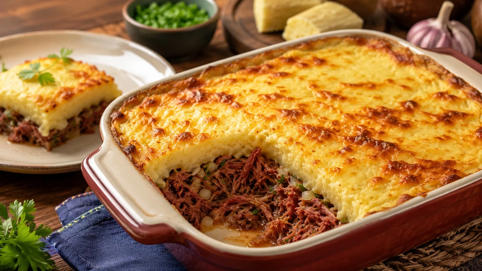 Escondidinho de carne-seca com mandioca em refratário, com cobertura gratinada dourada e camadas visíveis de purê cremoso e carne-seca desfiada.