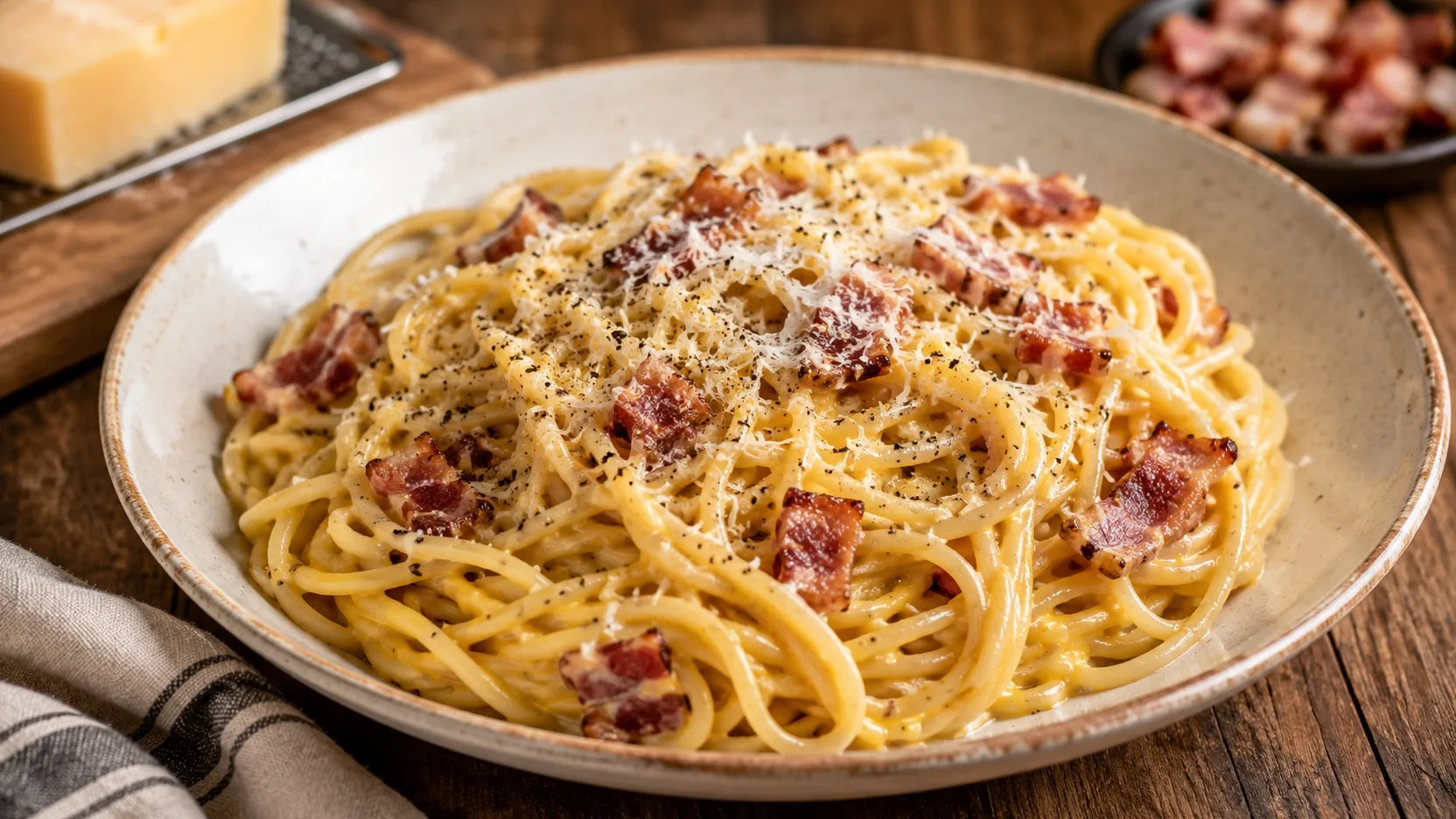 Espaguete à carbonara cremoso em prato de cerâmica, com guanciale dourado, Pecorino Romano ralado e pimenta-do-reino sobre mesa de madeira.