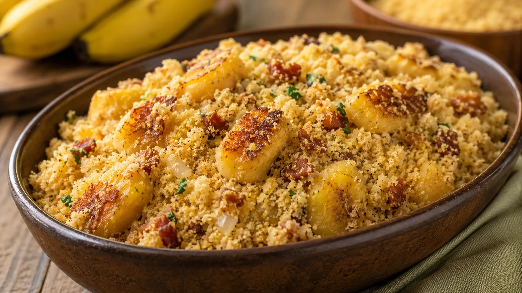 Farofa de banana em tigela de madeira, com farinha dourada e crocante, pedaços de banana caramelizados, cebola e ervas verdes.