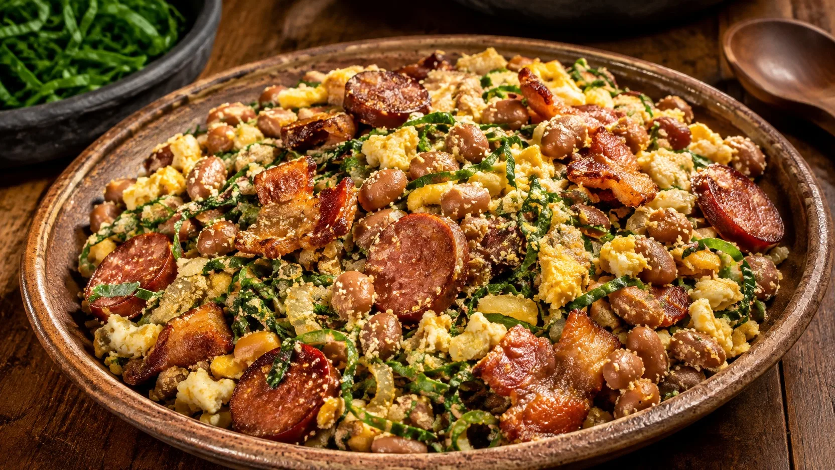 Feijão tropeiro mineiro em prato rústico, com feijão carioca inteiro, farinha de mandioca, bacon dourado, linguiça calabresa, ovos mexidos e couve fatiada.