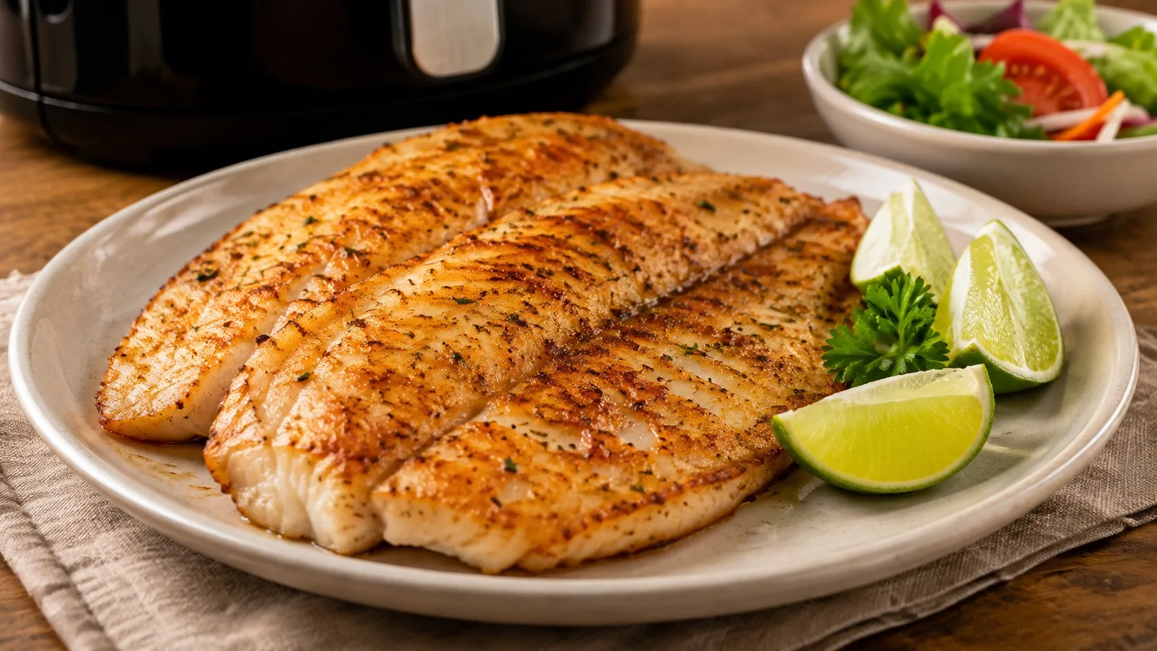 Filés de tilápia dourados e temperados servidos em prato claro com gomos de limão, salsa, salada ao fundo e uma Air Fryer desfocada.