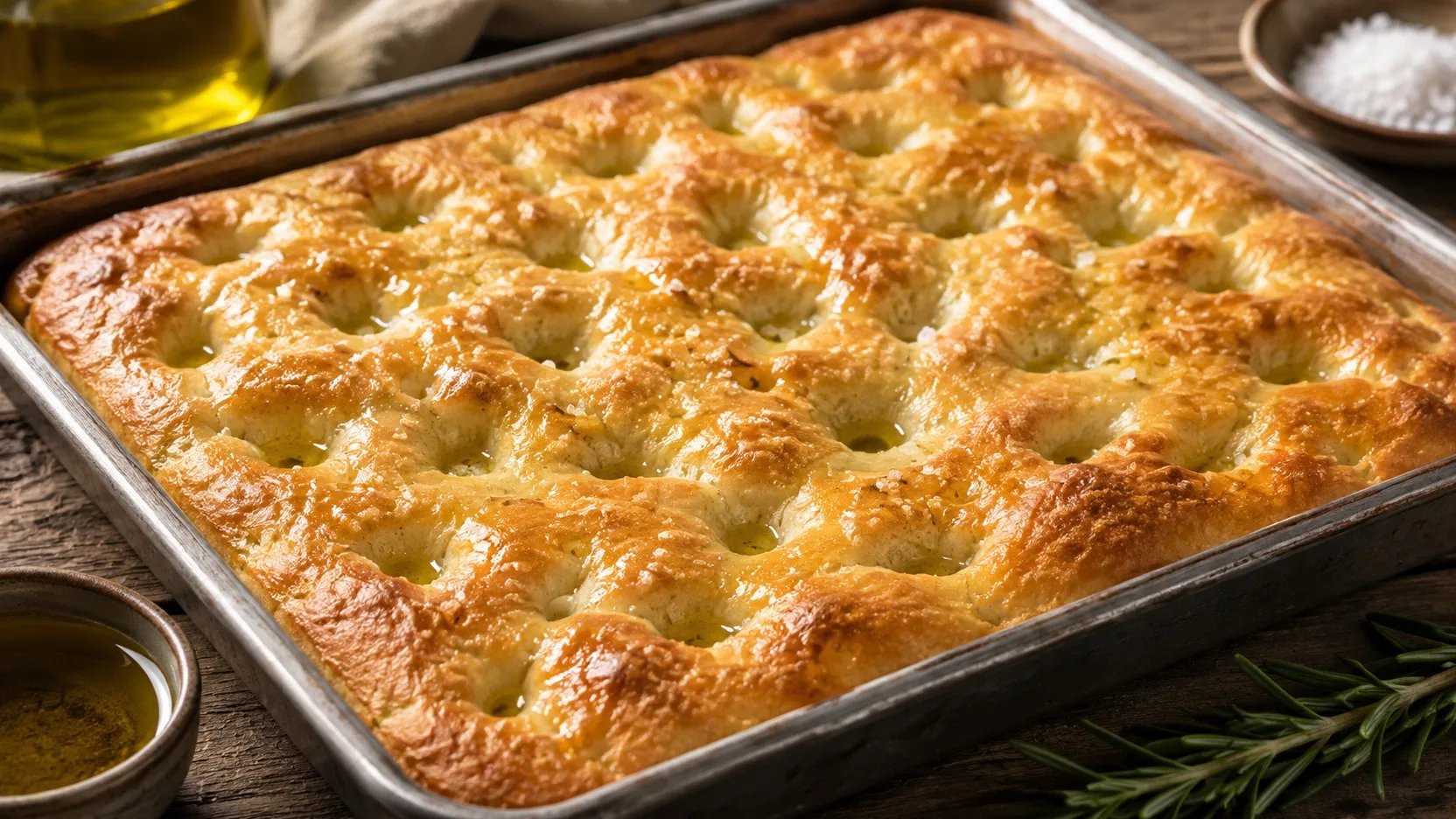 Focaccia genovese dourada em assadeira retangular, com superfície brilhante de azeite, covinhas marcadas e cristais de sal, sobre mesa de madeira.